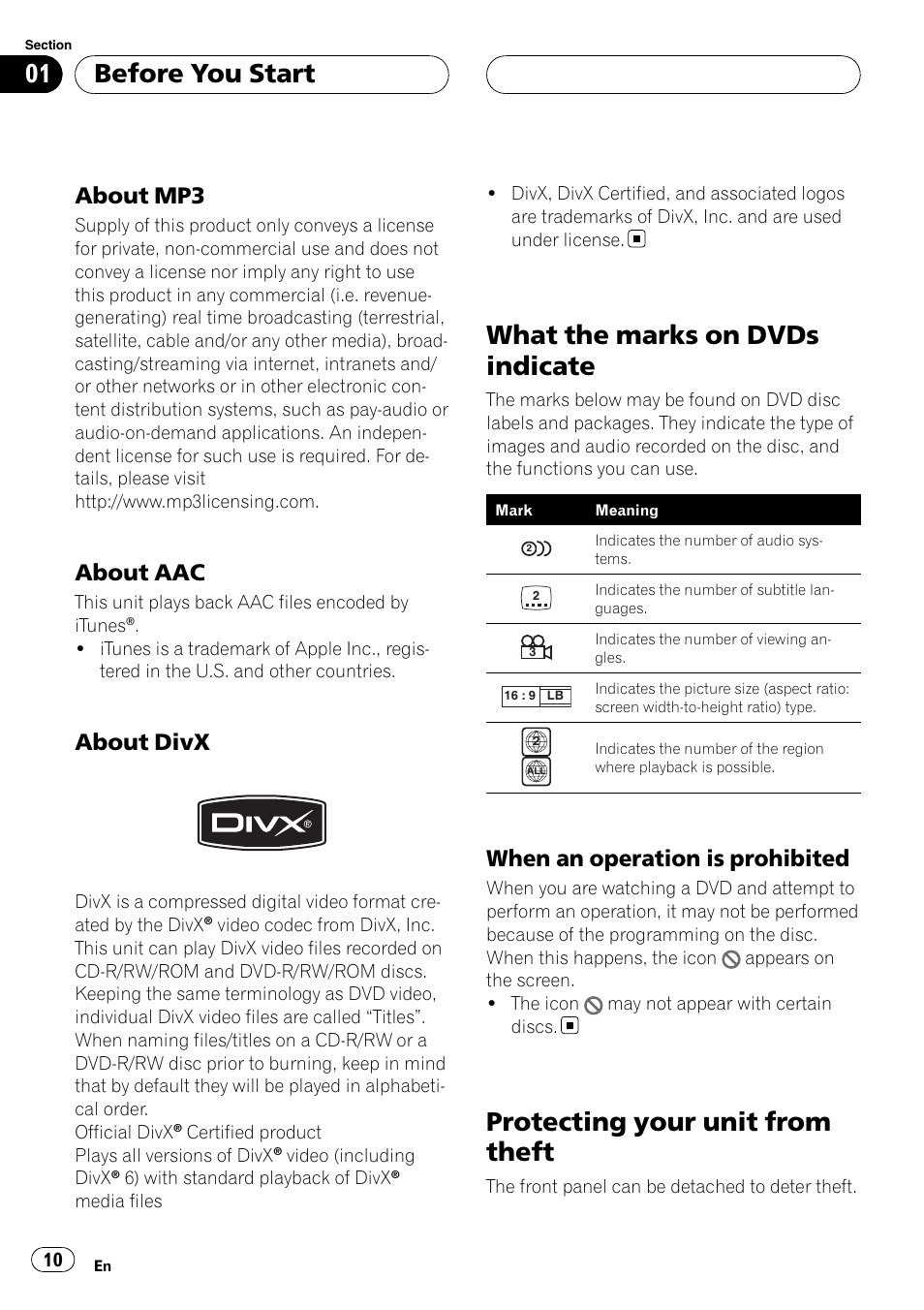 When an operation is prohibited 10, About mp3 10, About aac 10 | About divx 10, What the marks on dvds indicate, Protecting your unit from theft, Before you start, About mp3, About aac, About divx | Pioneer DVH-P5000UB User Manual | Page 10 / 96