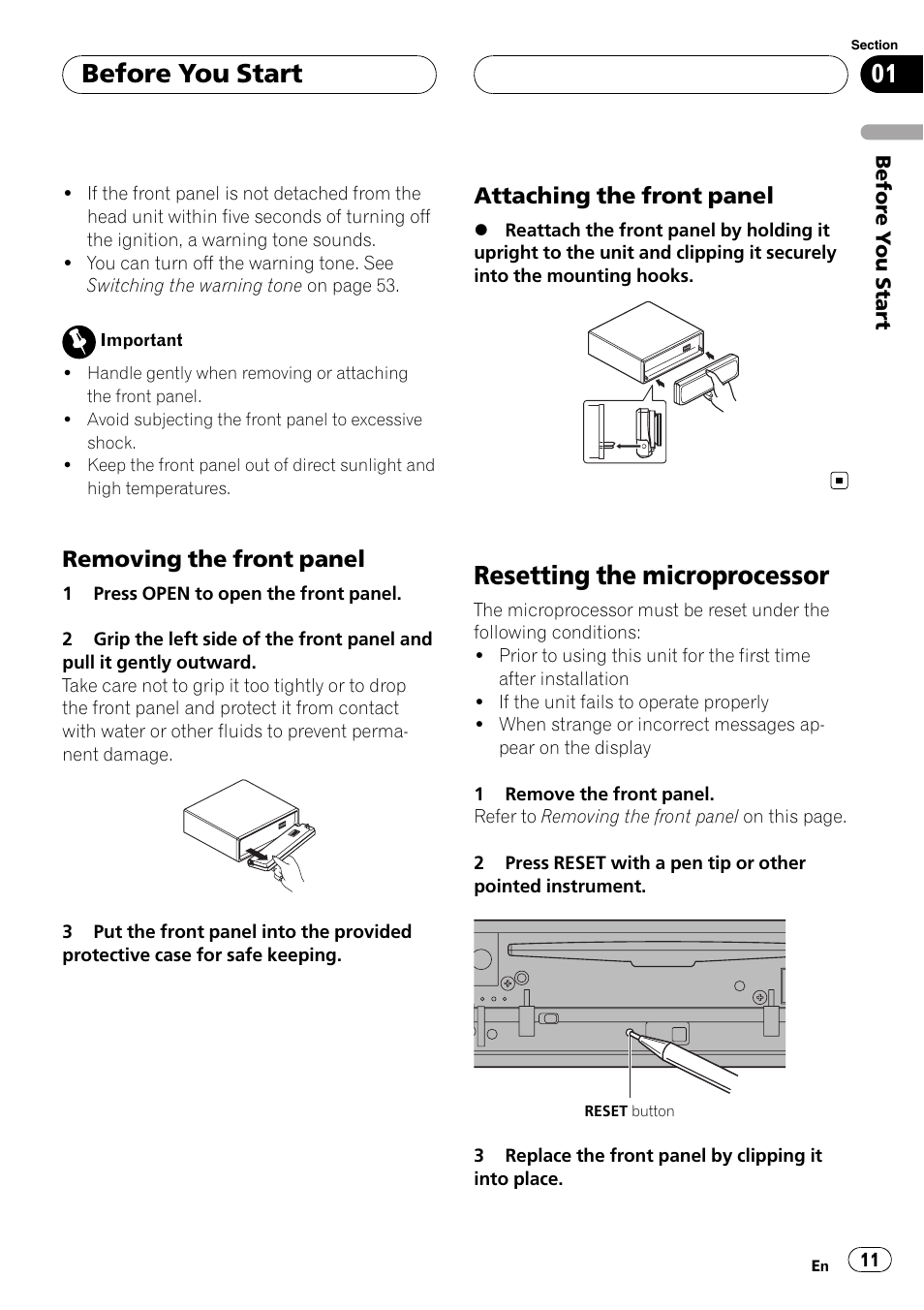 Removing the front panel 11, Attaching the front panel 11, Resetting the microprocessor | Before you start, Removing the front panel, Attaching the front panel | Pioneer DVH-P5000UB User Manual | Page 11 / 96