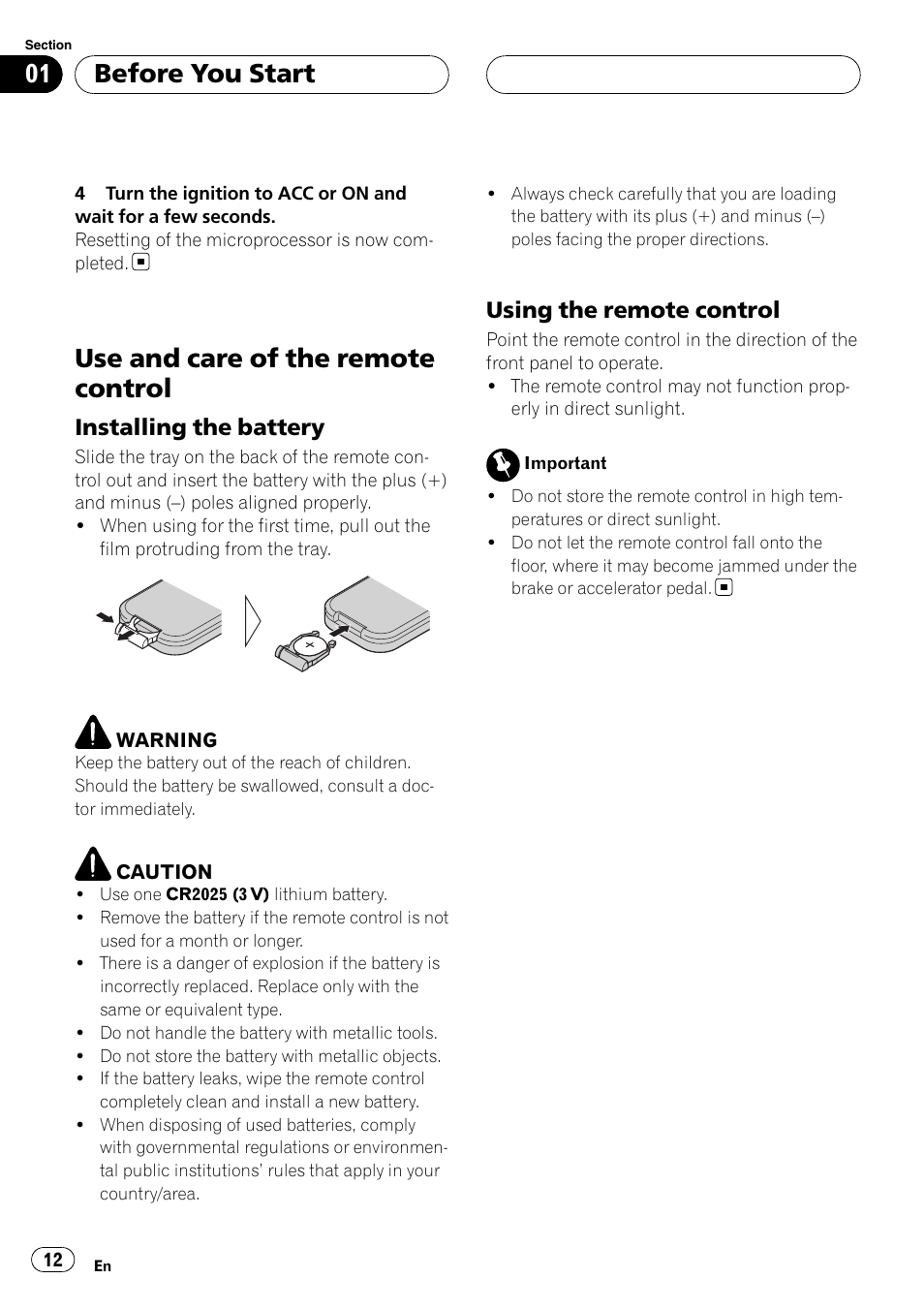 Use and care of the remote control, Installing the battery 12, Using the remote control 12 | Before you start, Installing the battery, Using the remote control | Pioneer DVH-P5000UB User Manual | Page 12 / 96