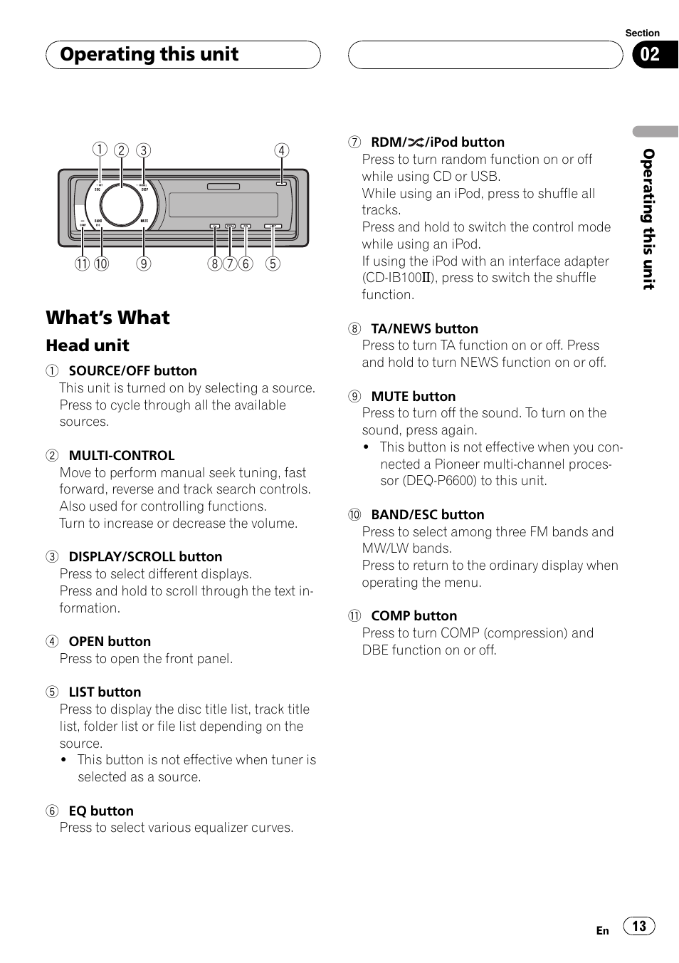 Operating this unit what, S what 13, Head unit 13 | What ’s what, Operating this unit | Pioneer DVH-P5000UB User Manual | Page 13 / 96