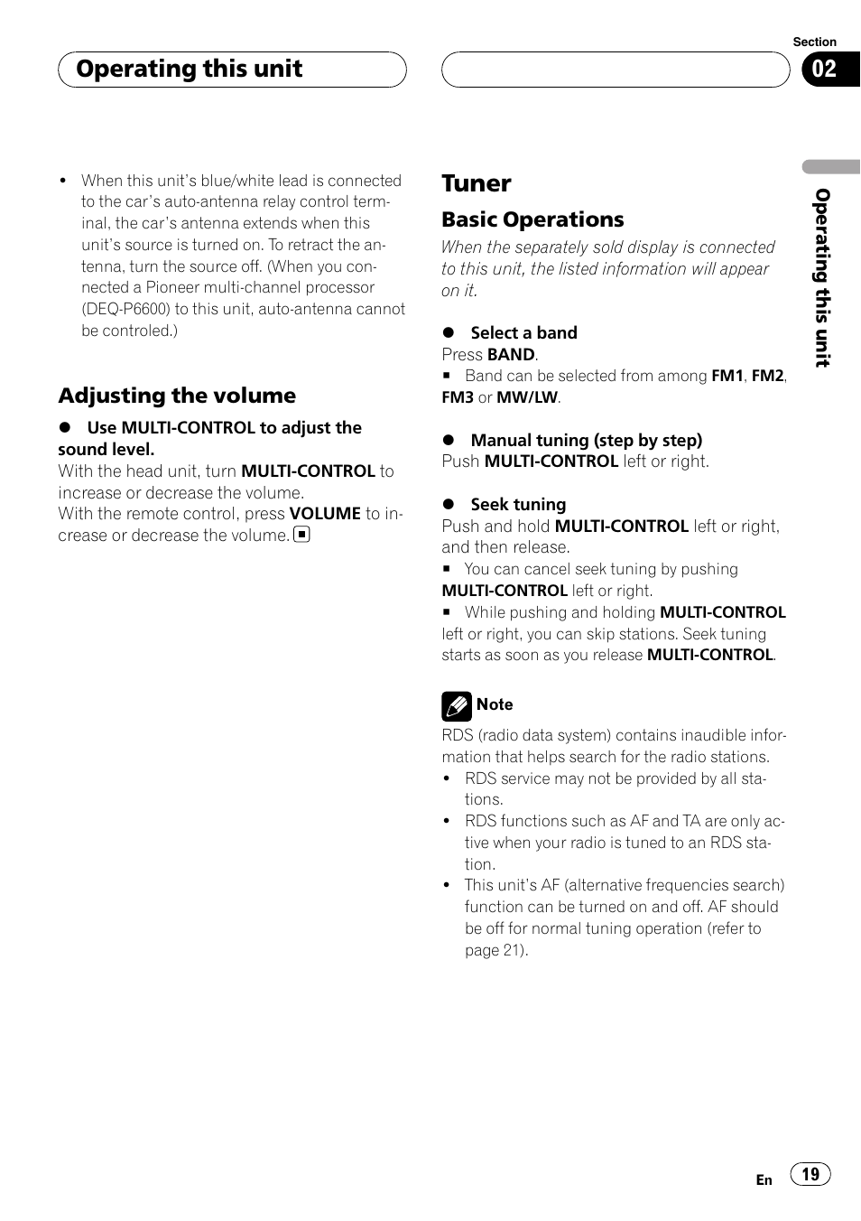 Adjusting the volume 19, Tuner, Basic operations 19 | Operating this unit, Adjusting the volume, Basic operations | Pioneer DVH-P5000UB User Manual | Page 19 / 96