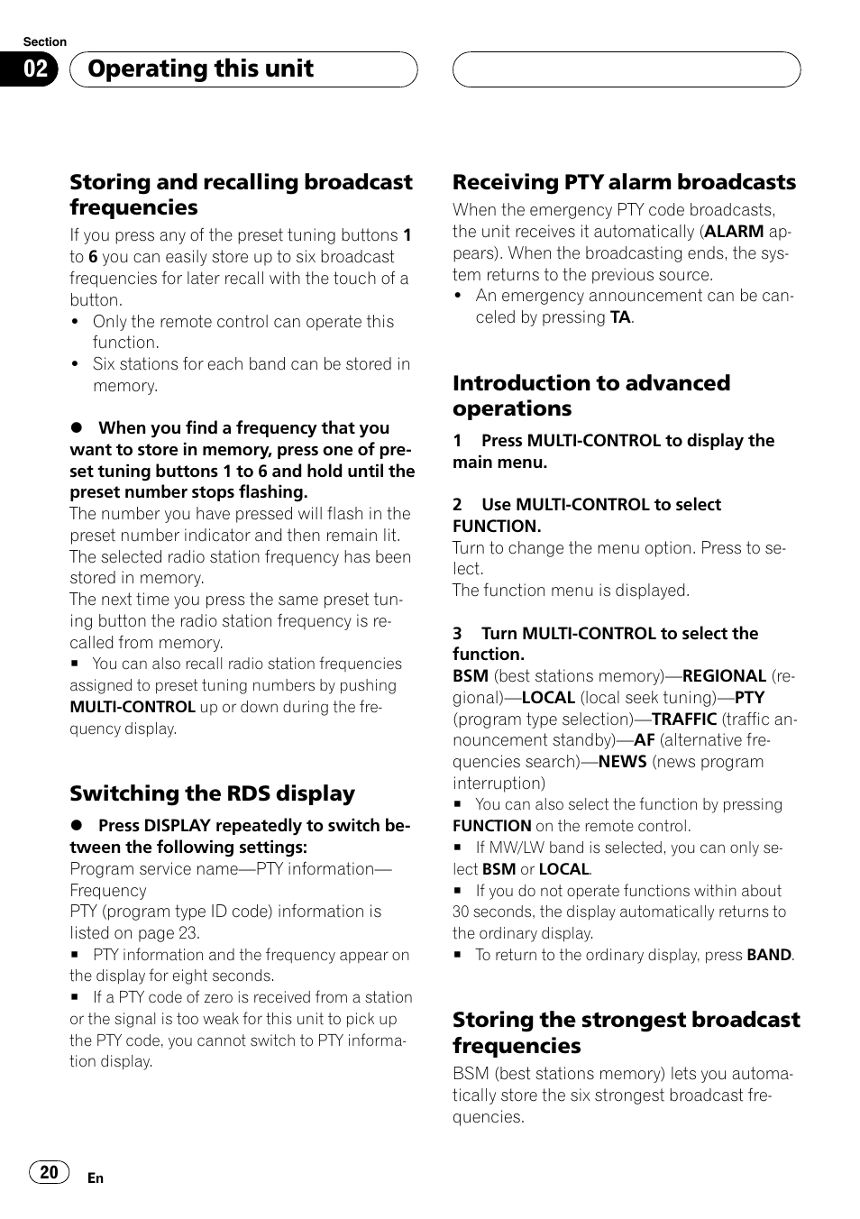 Storing and recalling broadcast, Frequencies, Switching the rds display 20 | Receiving pty alarm broadcasts 20, Introduction to advanced, Operations, Storing the strongest broadcast, Operating this unit, Storing and recalling broadcast frequencies, Switching the rds display | Pioneer DVH-P5000UB User Manual | Page 20 / 96