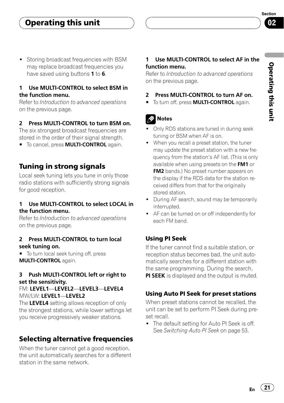 Tuning in strong signals 21, Selecting alternative frequencies 21, Operating this unit | Tuning in strong signals, Selecting alternative frequencies | Pioneer DVH-P5000UB User Manual | Page 21 / 96