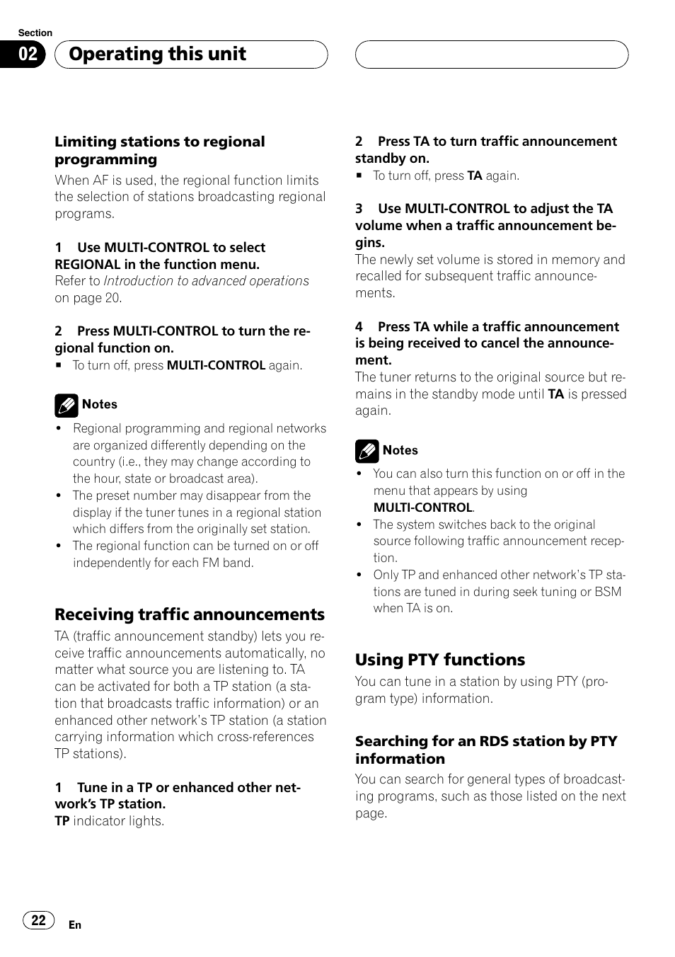 Receiving traffic announcements 22, Using pty functions 22, Operating this unit | Receiving traffic announcements, Using pty functions | Pioneer DVH-P5000UB User Manual | Page 22 / 96