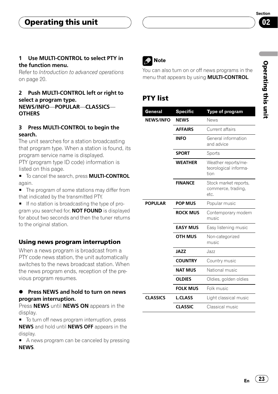 Pty list 23, Operating this unit, Pty list | Pioneer DVH-P5000UB User Manual | Page 23 / 96