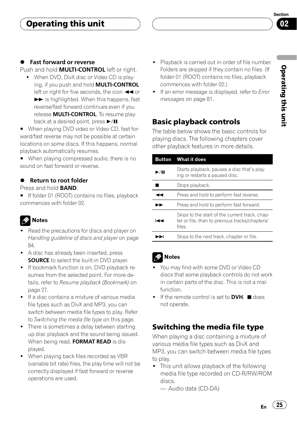 Basic playback controls 25, Switching the media file type 25, Operating this unit | Basic playback controls, Switching the media file type | Pioneer DVH-P5000UB User Manual | Page 25 / 96