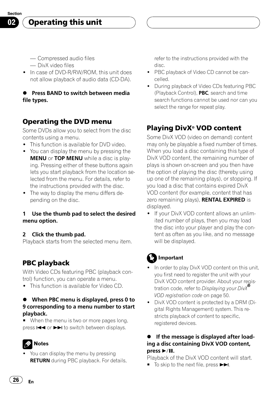 Operating the dvd menu 26, Pbc playback 26, Playing divx® vod content 26 | Operating this unit, Operating the dvd menu, Pbc playback, Playing divx, Vod content | Pioneer DVH-P5000UB User Manual | Page 26 / 96