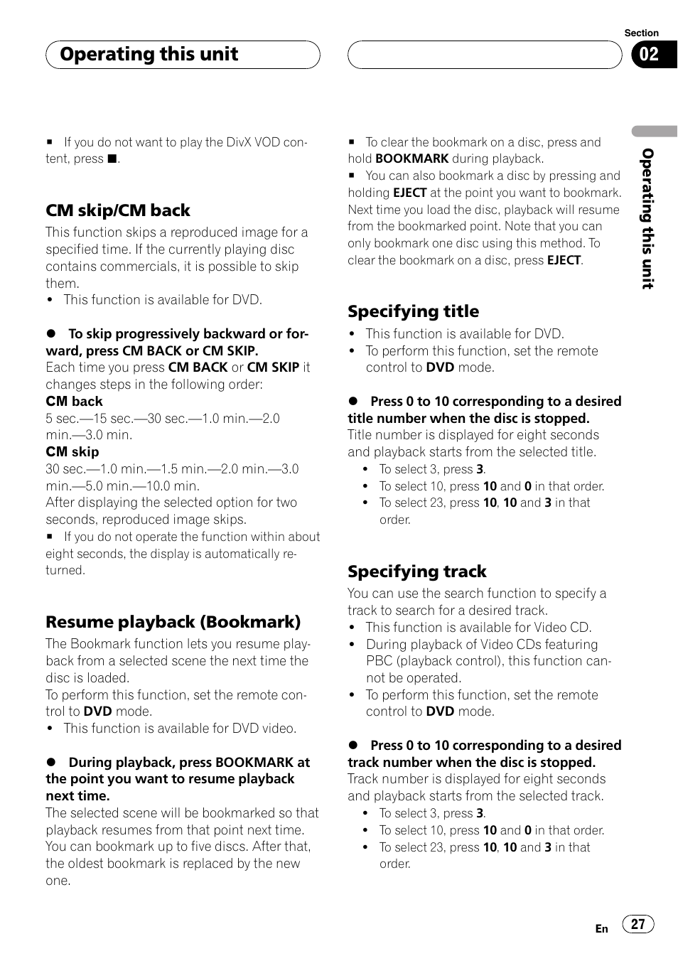 Cm skip/cm back 27, Resume playback (bookmark) 27, Specifying title 27 | Specifying track 27, Operating this unit, Cm skip/cm back, Resume playback (bookmark), Specifying title, Specifying track | Pioneer DVH-P5000UB User Manual | Page 27 / 96