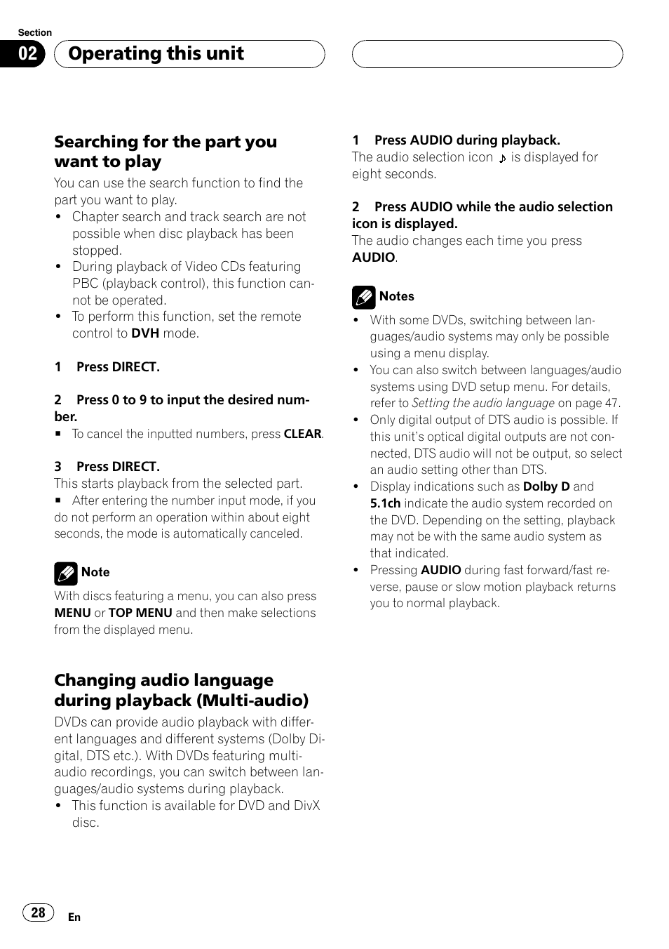 Searching for the part you want to, Play, Changing audio language during | Playback (multi-audio), Operating this unit, Searching for the part you want to play | Pioneer DVH-P5000UB User Manual | Page 28 / 96