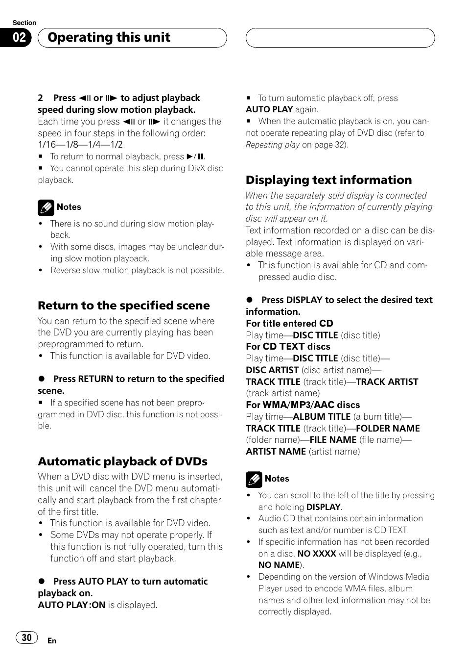 Return to the specified scene 30, Automatic playback of dvds 30, Displaying text information 30 | Operating this unit, Return to the specified scene, Automatic playback of dvds, Displaying text information | Pioneer DVH-P5000UB User Manual | Page 30 / 96