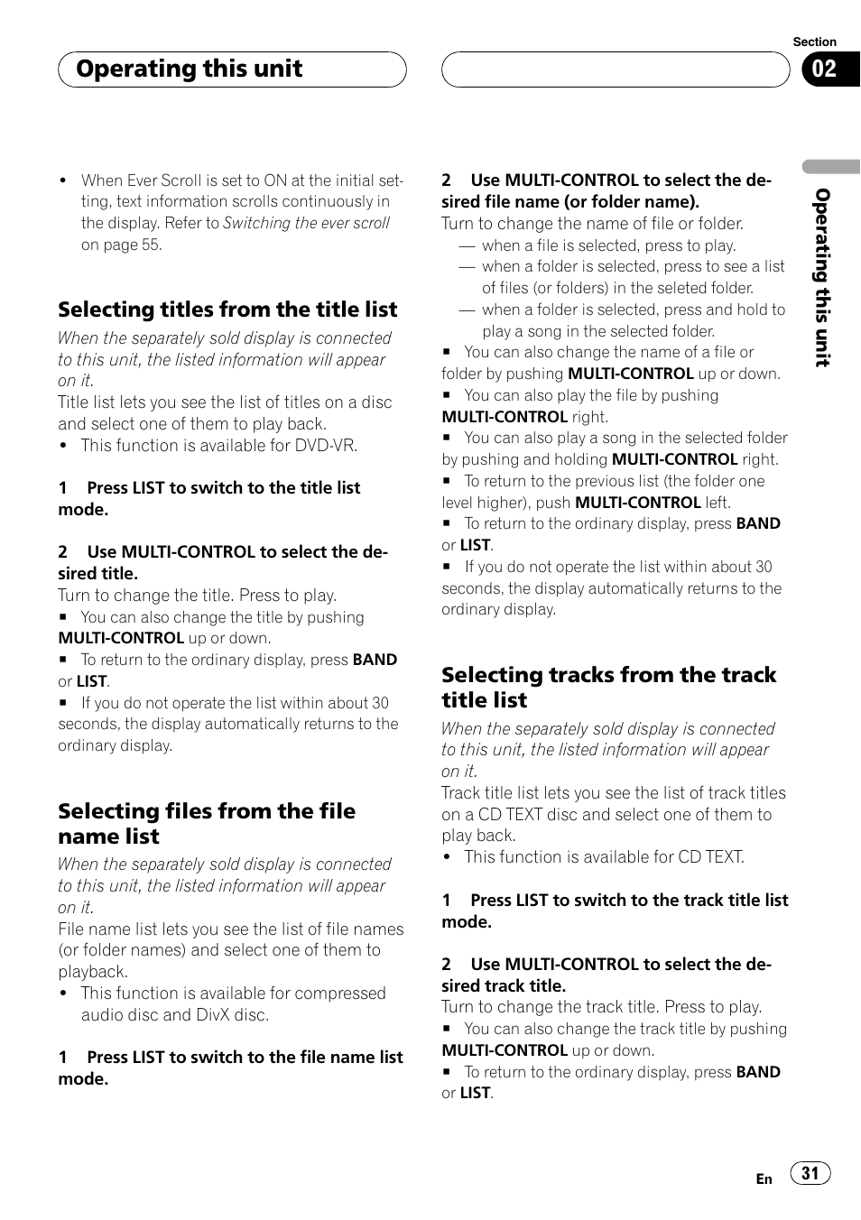 Selecting titles from the title list 31, Selecting files from the file name, List | Selecting tracks from the track title, Operating this unit, Selecting titles from the title list, Selecting files from the file name list, Selecting tracks from the track title list | Pioneer DVH-P5000UB User Manual | Page 31 / 96