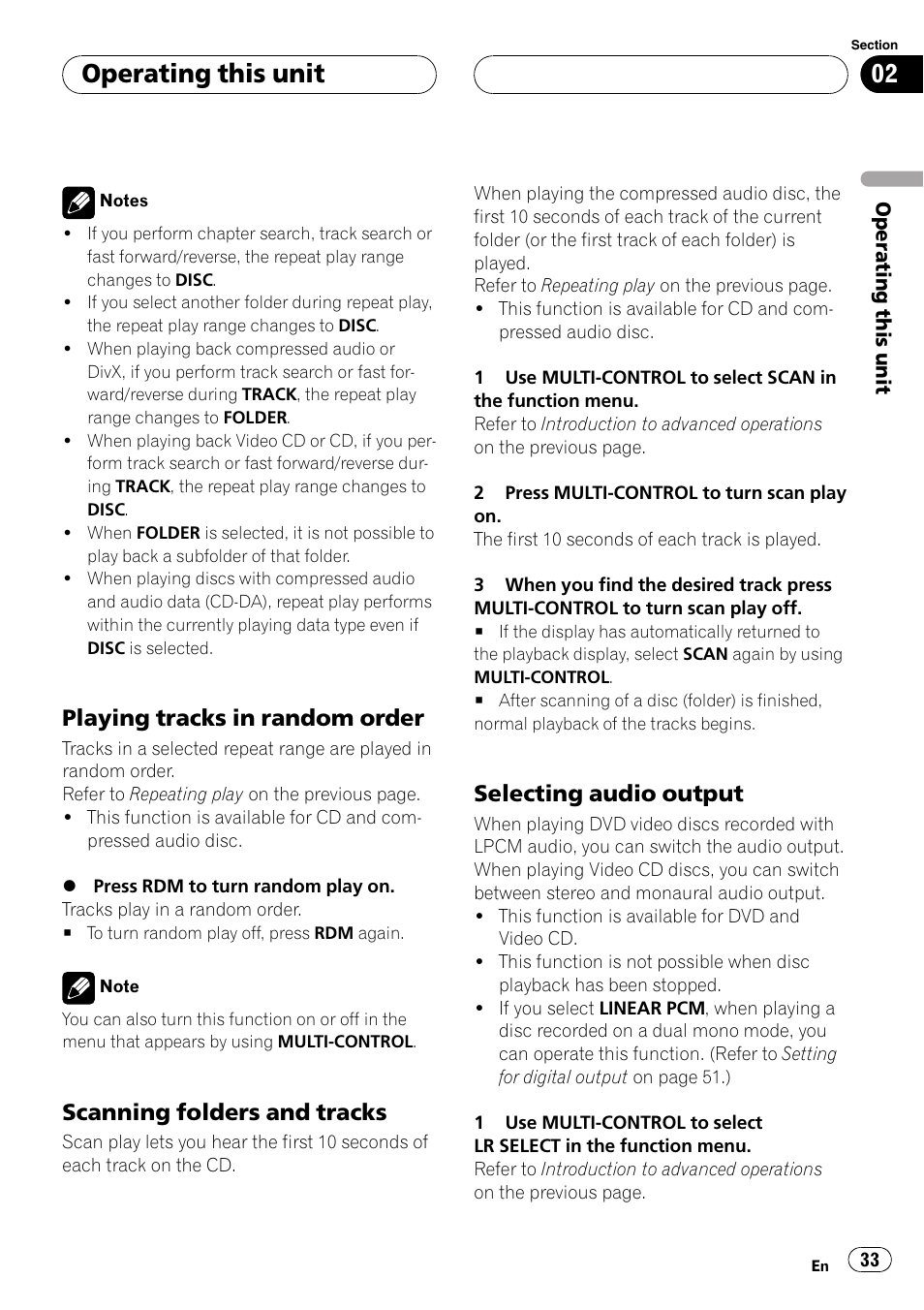 Playing tracks in random order 33, Scanning folders and tracks 33, Selecting audio output 33 | Operating this unit, Playing tracks in random order, Scanning folders and tracks, Selecting audio output | Pioneer DVH-P5000UB User Manual | Page 33 / 96