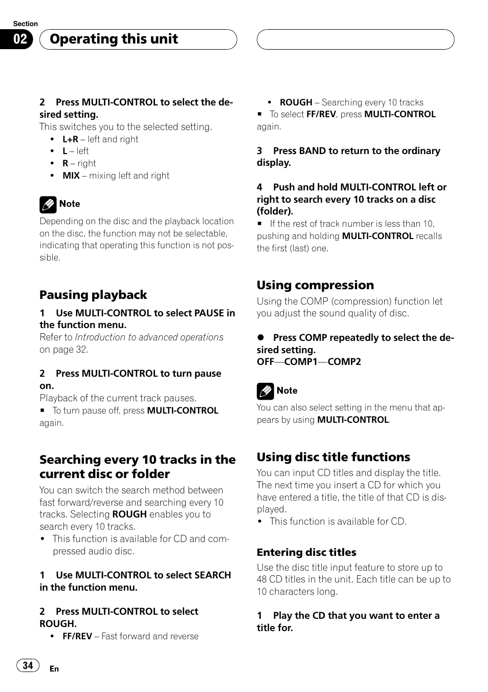 Pausing playback 34, Searching every 10 tracks in the current, Disc or folder | Using compression 34, Using disc title functions 34, Operating this unit, Pausing playback, Using compression, Using disc title functions | Pioneer DVH-P5000UB User Manual | Page 34 / 96