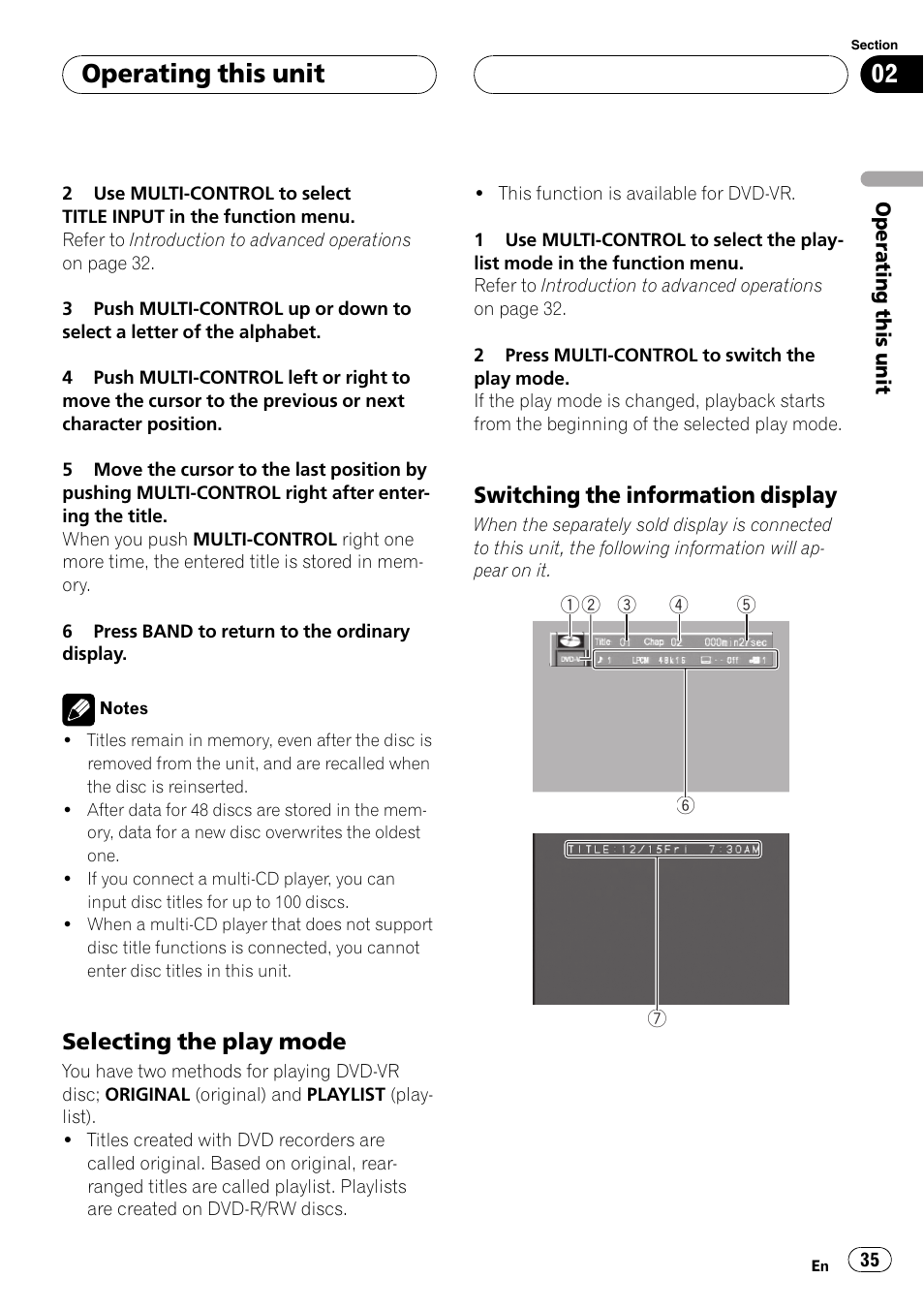 Selecting the play mode 35, Switching the information display 35, Operating this unit | Selecting the play mode, Switching the information display | Pioneer DVH-P5000UB User Manual | Page 35 / 96