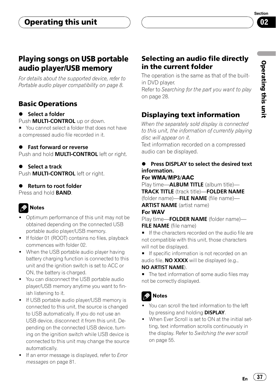 Playing songs on usb portable audio player, Usb memory, Basic operations 37 | Selecting an audio file directly in the, Current folder, Displaying text information 37, Operating this unit, Basic operations, Displaying text information | Pioneer DVH-P5000UB User Manual | Page 37 / 96