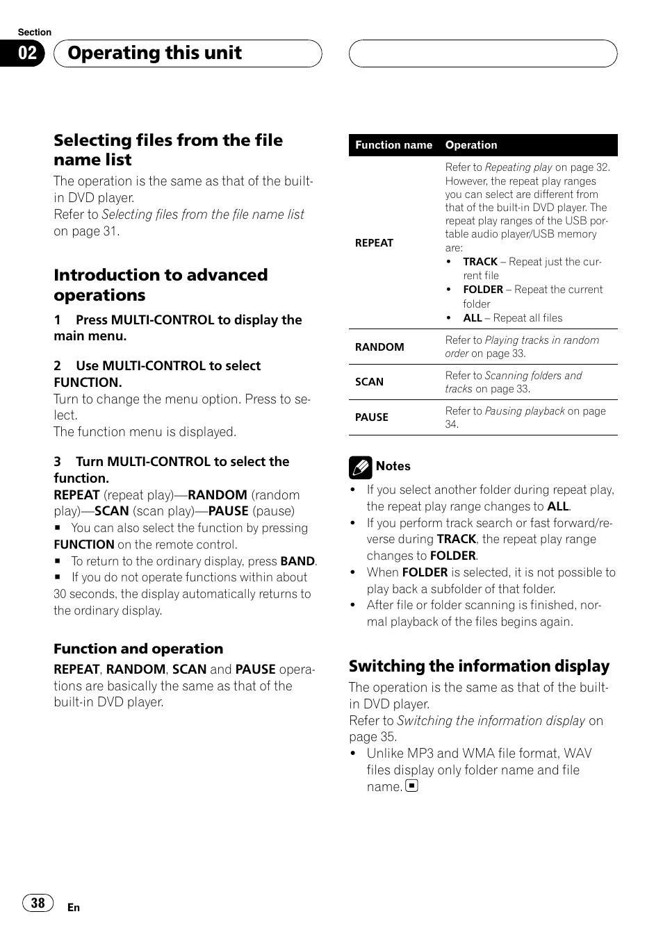 Selecting files from the file name, List, Introduction to advanced | Operations, Switching the information display 38, Operating this unit, Selecting files from the file name list, Introduction to advanced operations, Switching the information display | Pioneer DVH-P5000UB User Manual | Page 38 / 96