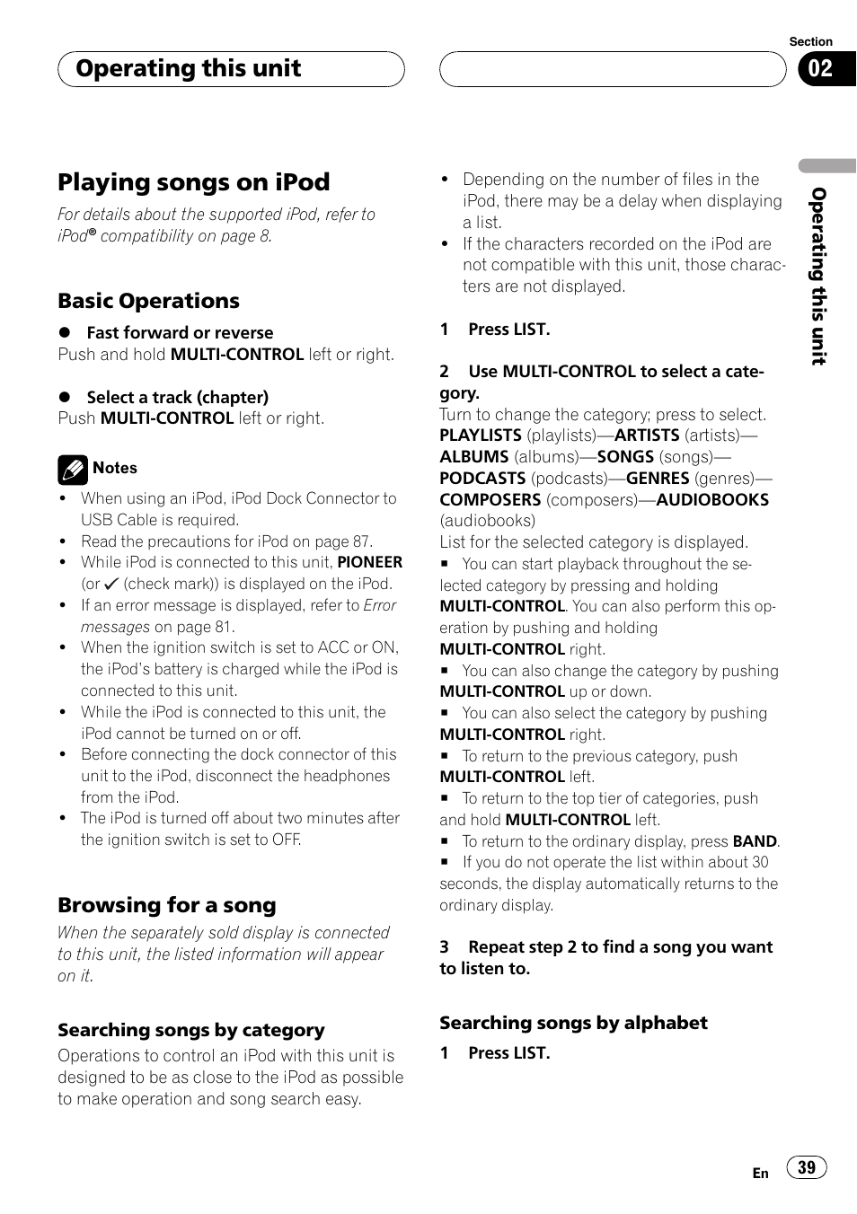 Playing songs on ipod, Basic operations 39, Browsing for a song 39 | Operating this unit, Basic operations, Browsing for a song | Pioneer DVH-P5000UB User Manual | Page 39 / 96