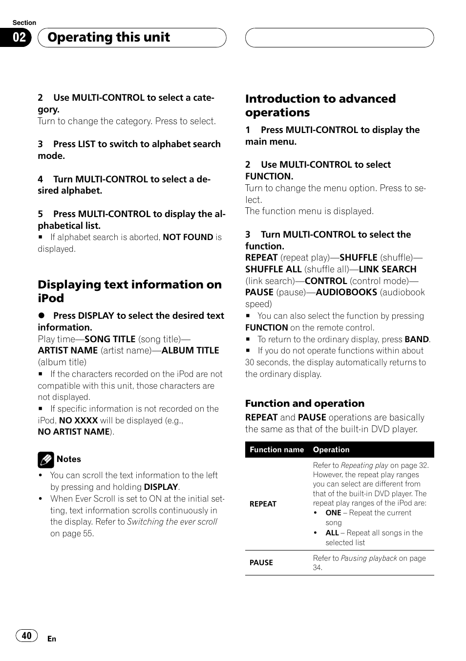 Displaying text information on, Ipod, Introduction to advanced | Operations, Operating this unit, Displaying text information on ipod, Introduction to advanced operations | Pioneer DVH-P5000UB User Manual | Page 40 / 96