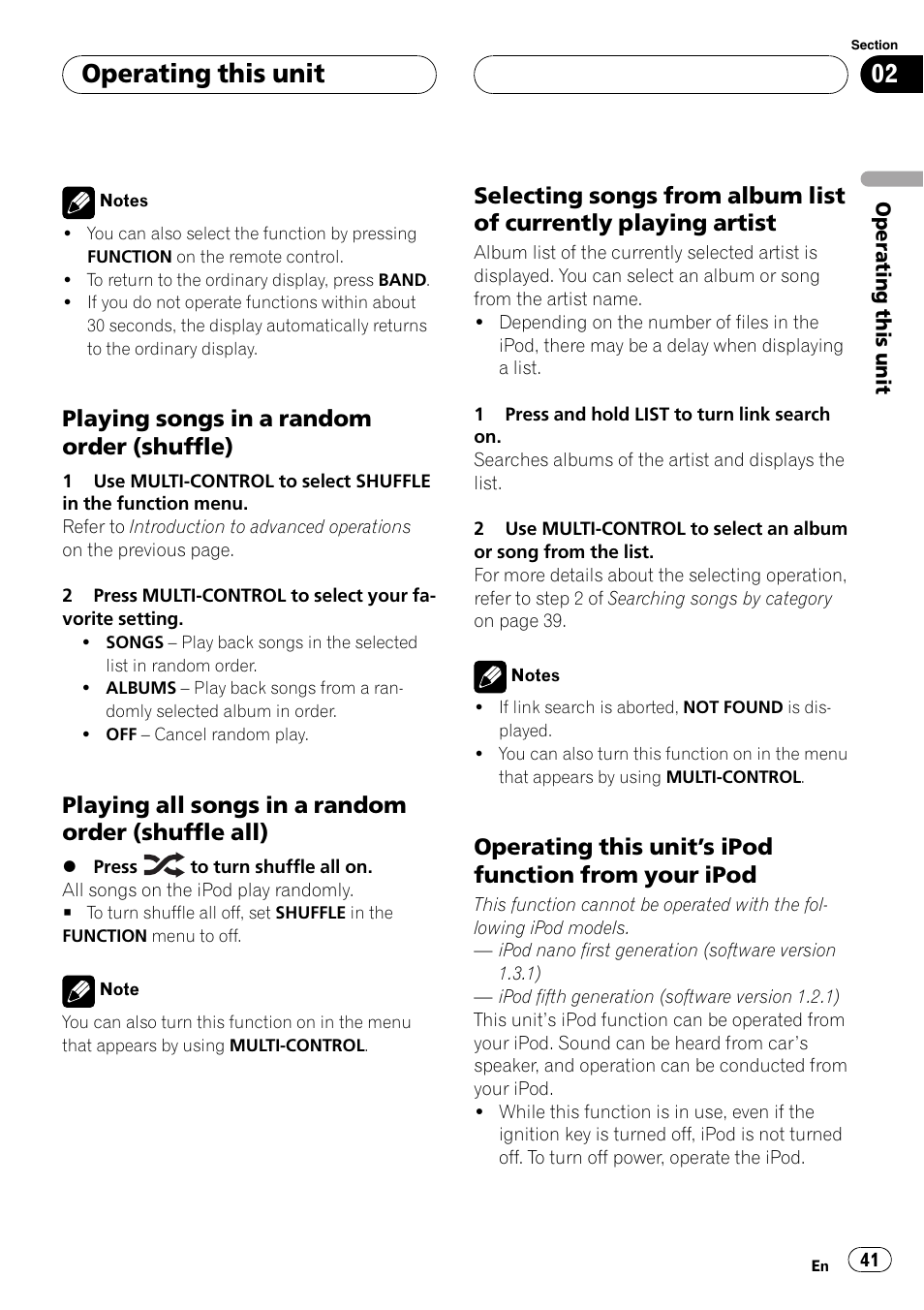 Playing songs in a random order, Shuffle), Playing all songs in a random order | Shuffle all), Selecting songs from album list of, Currently playing artist, Operating this unit’s ipod function, From your ipod, Operating this unit, Playing songs in a random order (shuffle) | Pioneer DVH-P5000UB User Manual | Page 41 / 96