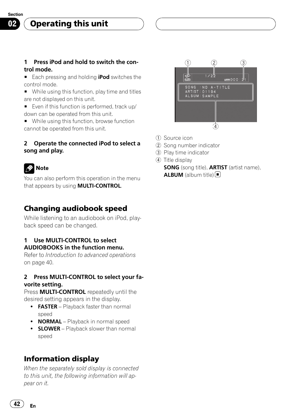 Changing audiobook speed 42, Information display 42, Operating this unit | Changing audiobook speed, Information display | Pioneer DVH-P5000UB User Manual | Page 42 / 96