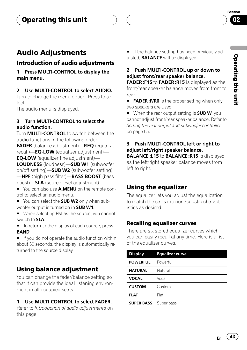 Audio adjustments, Introduction of audio adjustments 43, Using balance adjustment 43 | Using the equalizer 43, Operating this unit, Introduction of audio adjustments, Using balance adjustment, Using the equalizer | Pioneer DVH-P5000UB User Manual | Page 43 / 96