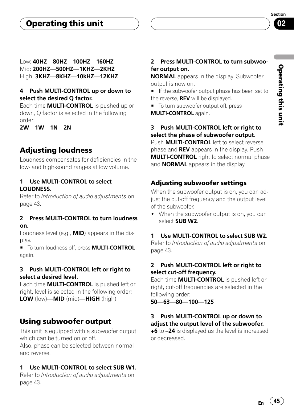 Adjusting loudness 45, Using subwoofer output 45, Operating this unit | Adjusting loudness, Using subwoofer output | Pioneer DVH-P5000UB User Manual | Page 45 / 96