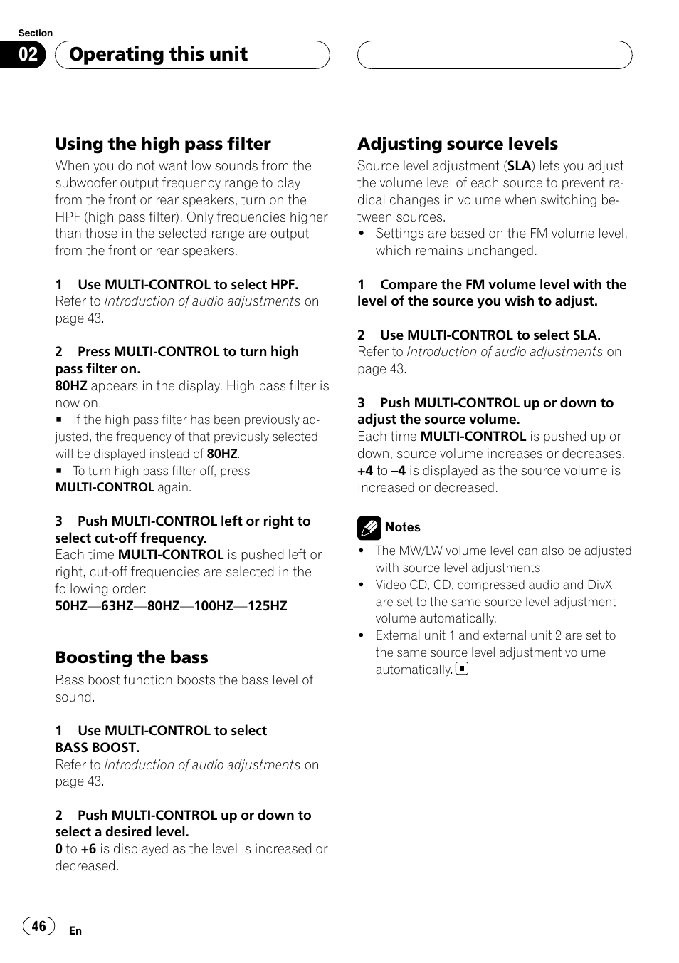 Using the high pass filter 46, Boosting the bass 46, Adjusting source levels 46 | Operating this unit, Using the high pass filter, Boosting the bass, Adjusting source levels | Pioneer DVH-P5000UB User Manual | Page 46 / 96