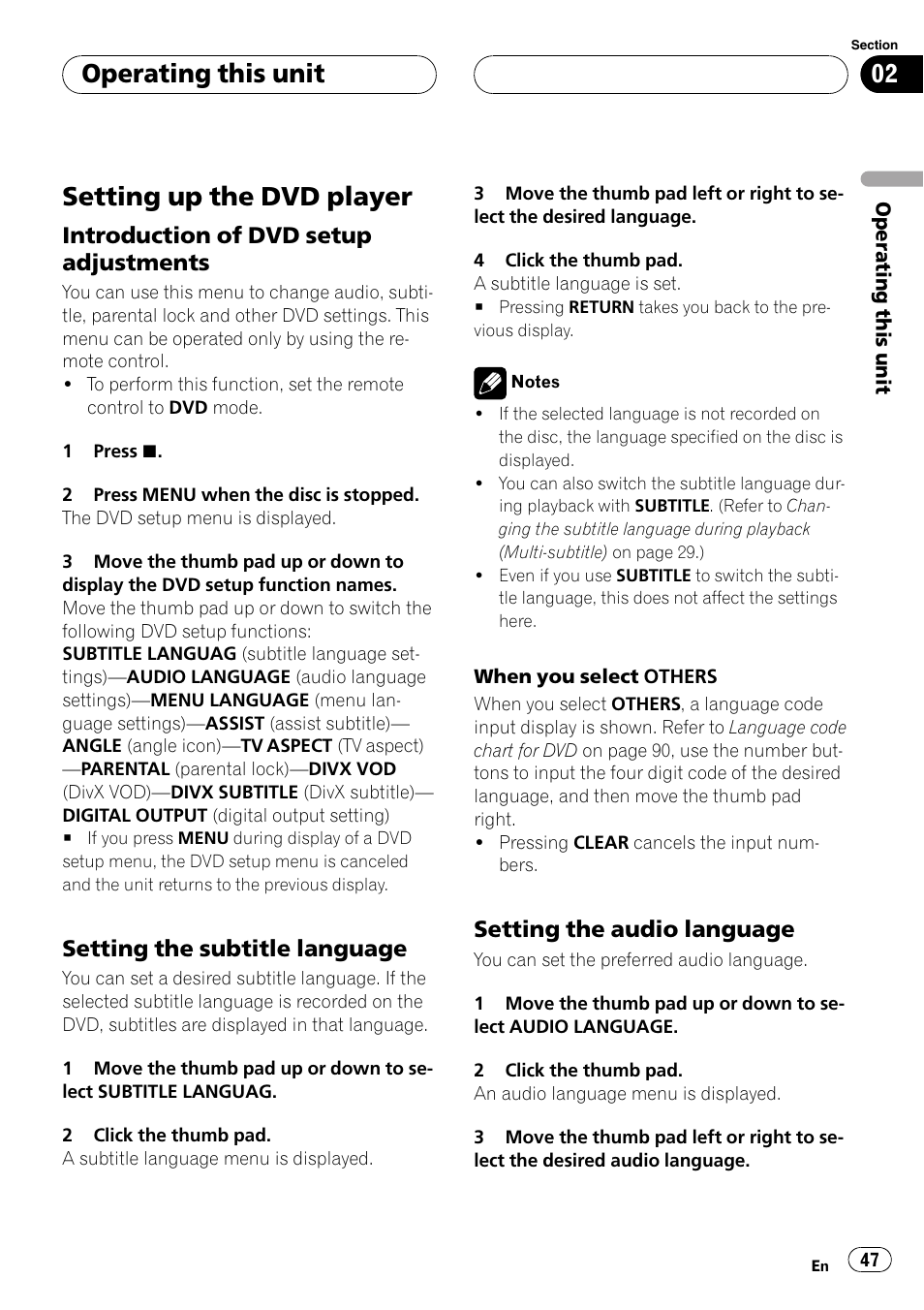 Setting up the dvd player, Introduction of dvd setup, Adjustments | Setting the subtitle language 47, Setting the audio language 47, Operating this unit, Introduction of dvd setup adjustments, Setting the subtitle language, Setting the audio language | Pioneer DVH-P5000UB User Manual | Page 47 / 96