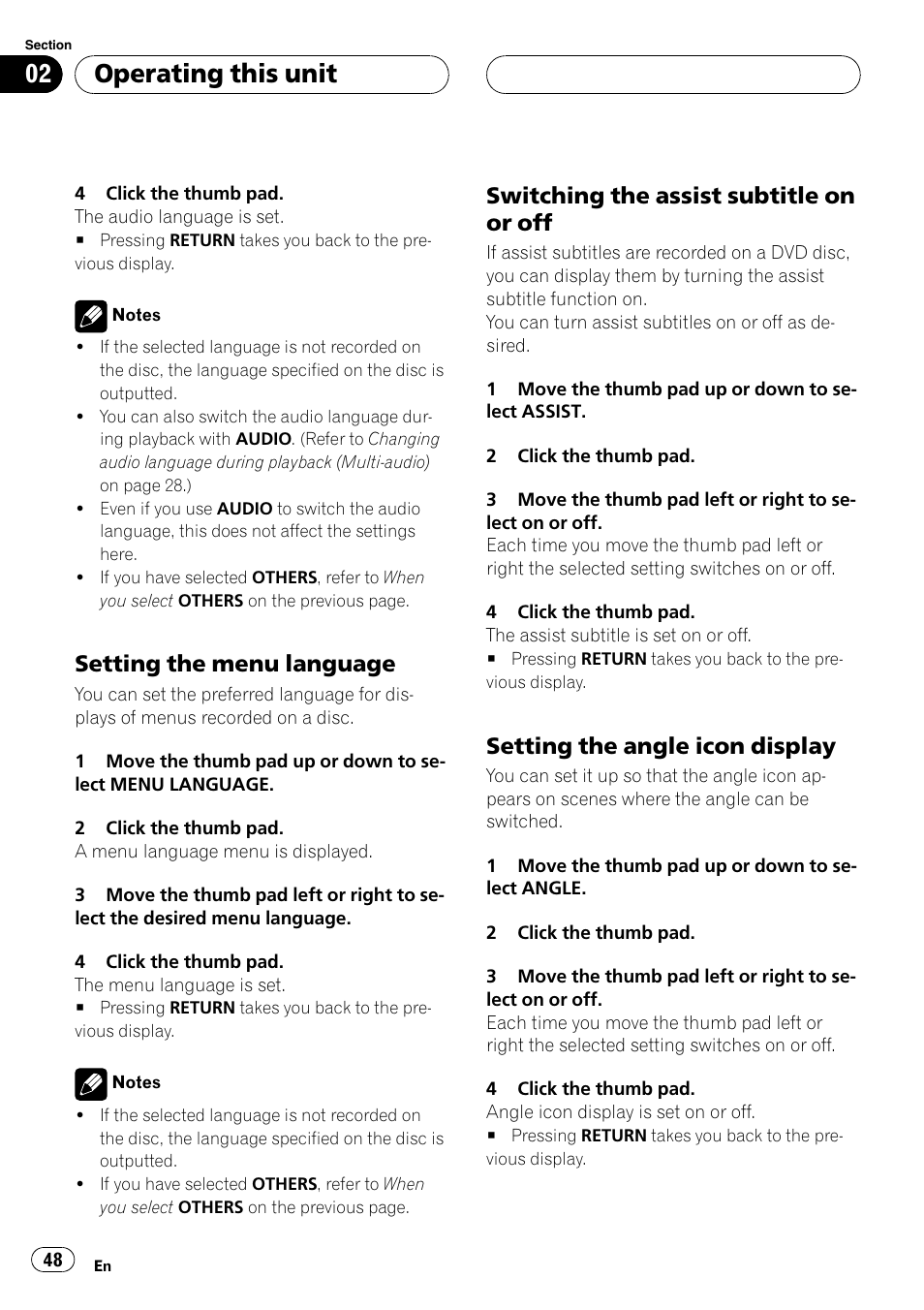 Setting the menu language 48, Switching the assist subtitle on or, Setting the angle icon display 48 | Operating this unit, Setting the menu language, Switching the assist subtitle on or off, Setting the angle icon display | Pioneer DVH-P5000UB User Manual | Page 48 / 96