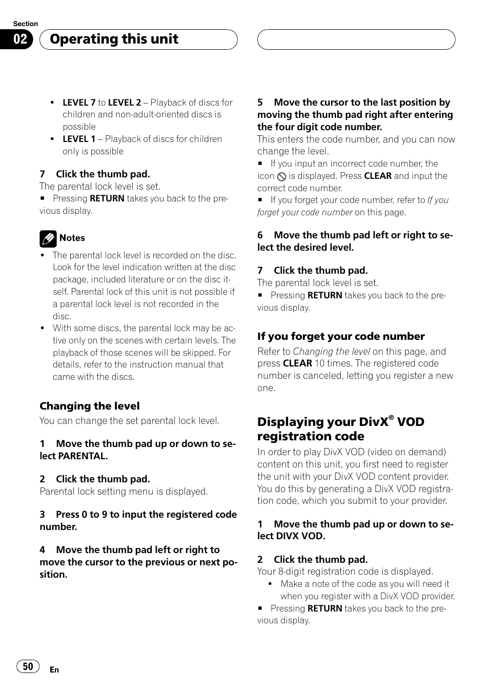 Displaying your divx® vod, Registration code, Operating this unit | Displaying your divx, Vod registration code | Pioneer DVH-P5000UB User Manual | Page 50 / 96