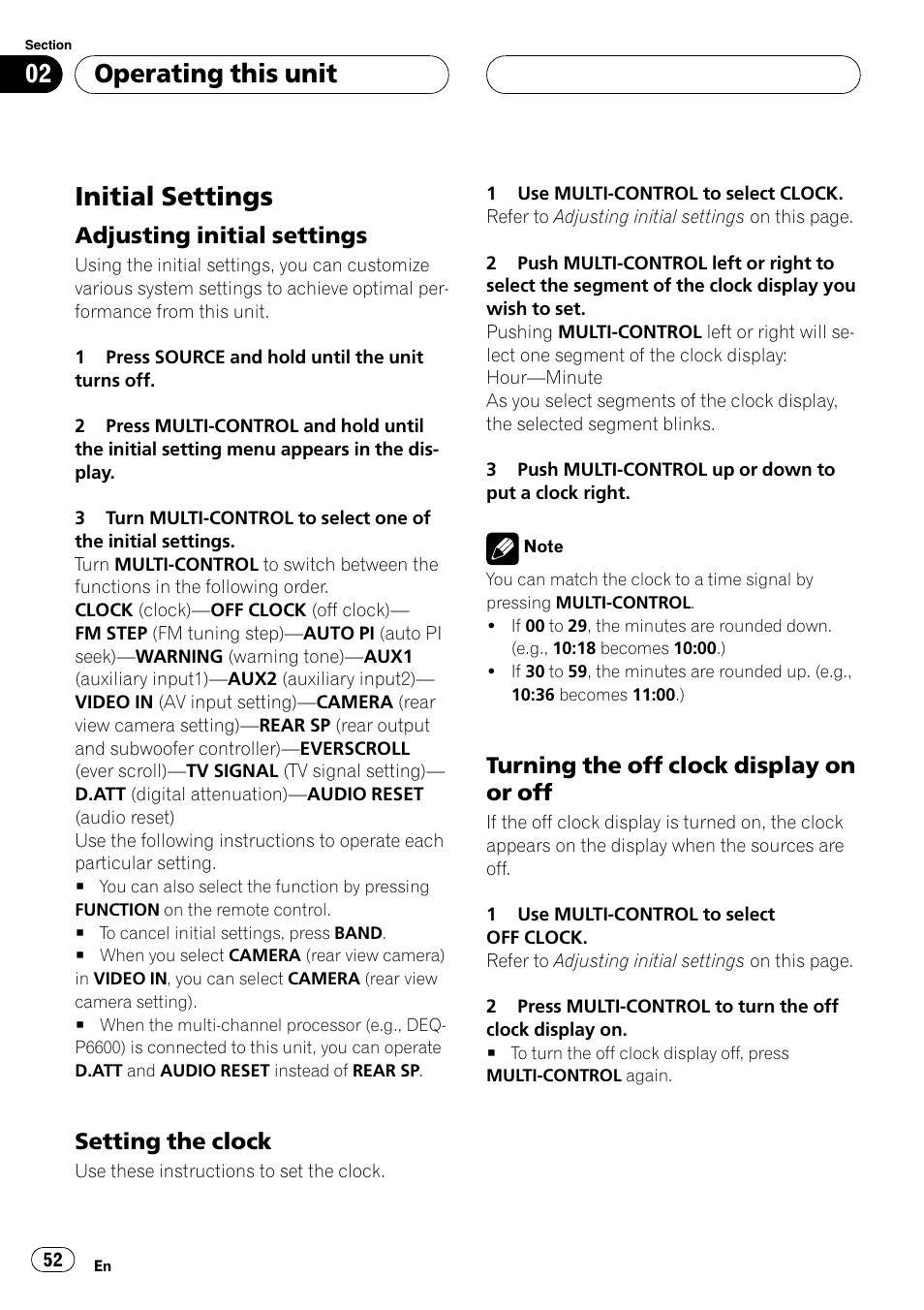 Initial settings, Adjusting initial settings 52, Setting the clock 52 | Turning the off clock display on or, Operating this unit, Adjusting initial settings, Setting the clock, Turning the off clock display on or off | Pioneer DVH-P5000UB User Manual | Page 52 / 96