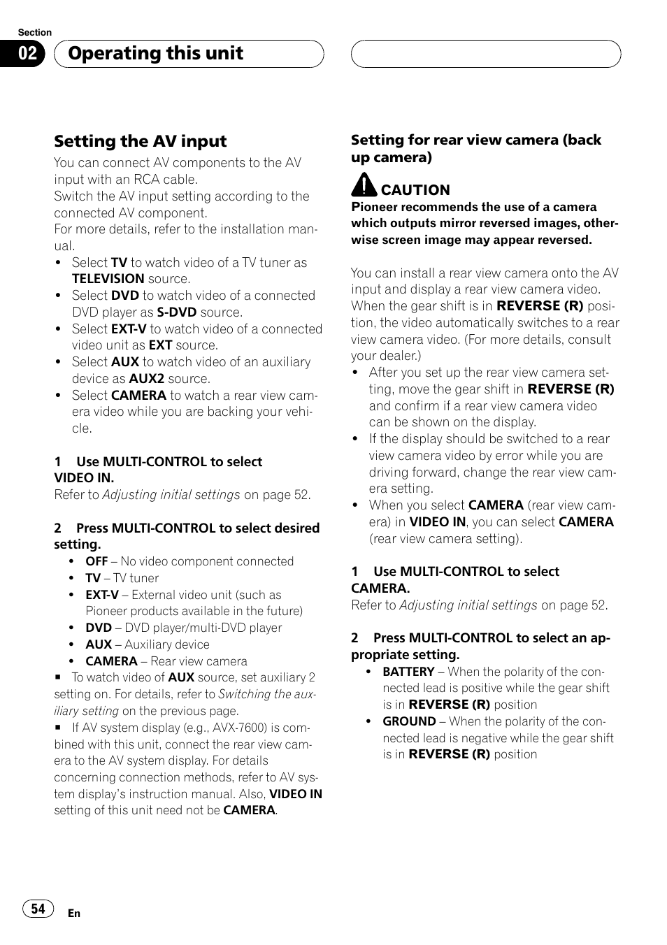 Setting the av input 54, Operating this unit, Setting the av input | Pioneer DVH-P5000UB User Manual | Page 54 / 96