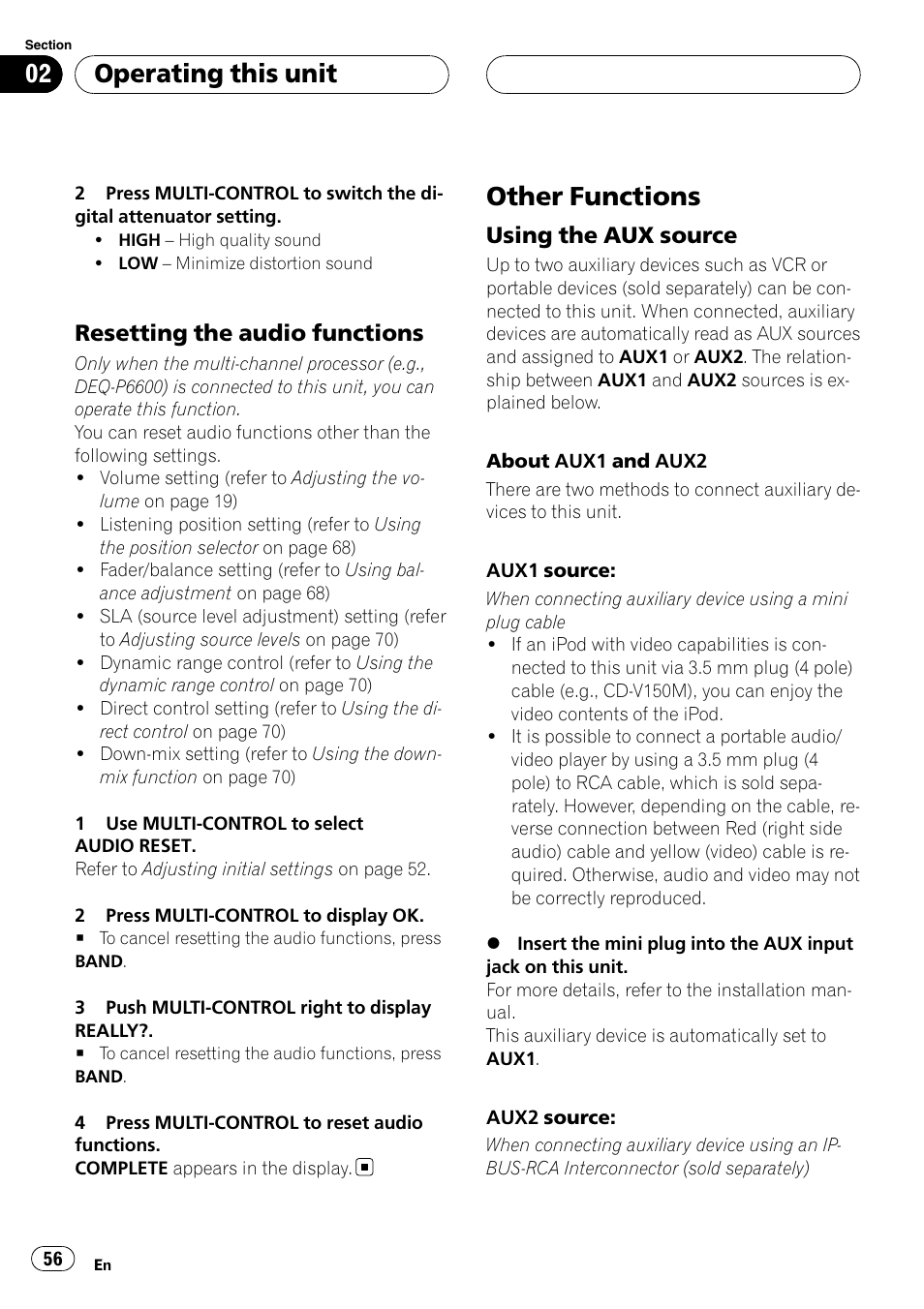 Resetting the audio functions 56, Other functions, Using the aux source 56 | Operating this unit, Resetting the audio functions, Using the aux source | Pioneer DVH-P5000UB User Manual | Page 56 / 96