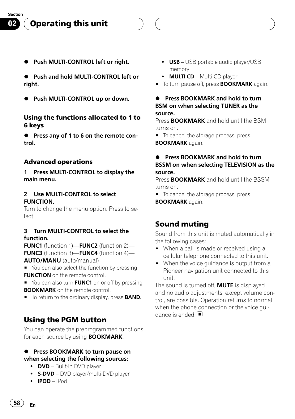 Using the pgm button 58, Sound muting 58, Operating this unit | Using the pgm button, Sound muting | Pioneer DVH-P5000UB User Manual | Page 58 / 96