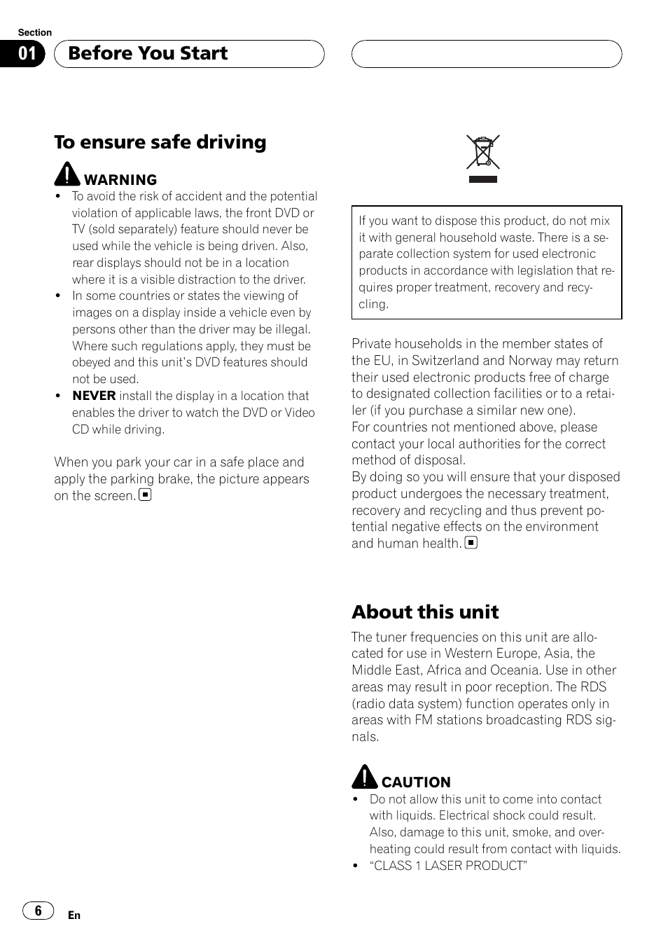 Before you start to ensure safe driving, About this unit, Before you start | Pioneer DVH-P5000UB User Manual | Page 6 / 96