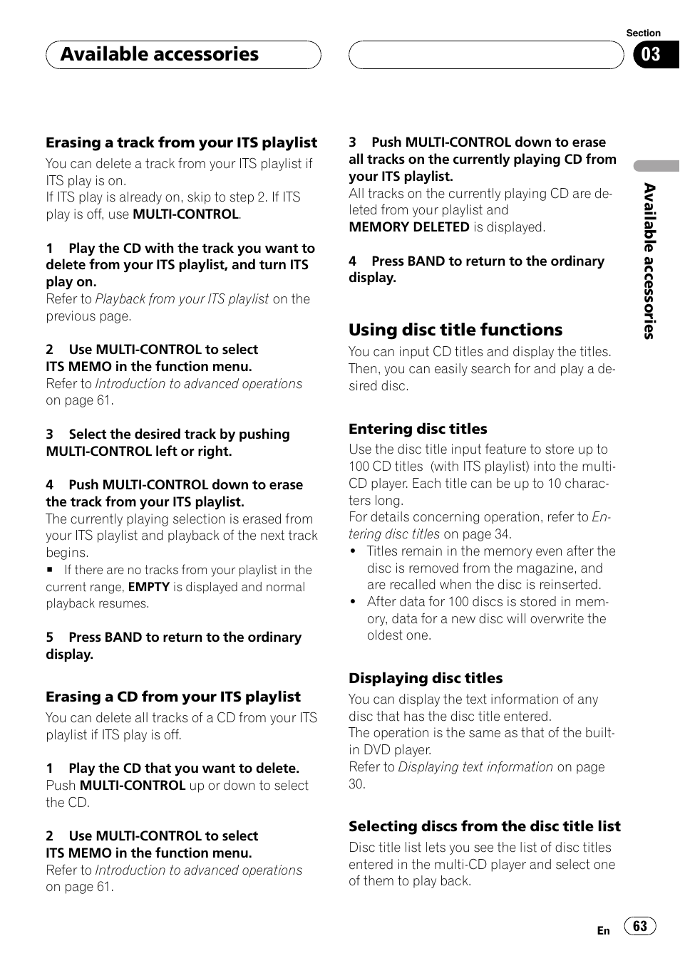 Using disc title functions 63, Available accessories, Using disc title functions | Pioneer DVH-P5000UB User Manual | Page 63 / 96