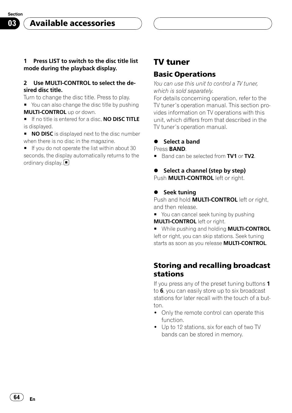 Tv tuner, Basic operations 64, Storing and recalling broadcast | Stations, Available accessories, Basic operations, Storing and recalling broadcast stations | Pioneer DVH-P5000UB User Manual | Page 64 / 96
