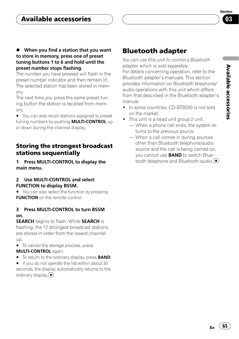 Storing the strongest broadcast, Stations sequentially, Bluetooth adapter | Available accessories | Pioneer DVH-P5000UB User Manual | Page 65 / 96