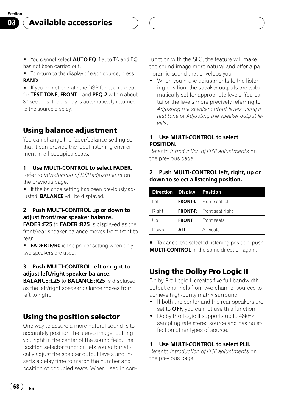 Using balance adjustment 68, Using the position selector 68, Using the dolby pro logic ii 68 | Using, Using bal, Using the position selector, Available accessories, Using balance adjustment, Using the dolby pro logic ii | Pioneer DVH-P5000UB User Manual | Page 68 / 96