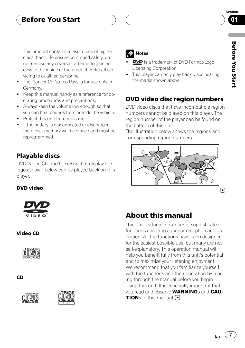 Playable discs 7, Dvd video disc region numbers 7, About this manual | Before you start, Playable discs, Dvd video disc region numbers | Pioneer DVH-P5000UB User Manual | Page 7 / 96