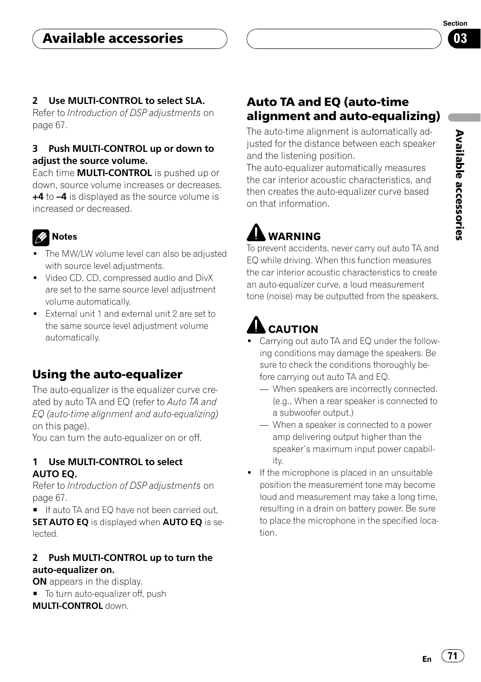 Using the auto-equalizer 71, Auto ta and eq (auto-time alignment, And auto-equalizing) | Available accessories, Using the auto-equalizer | Pioneer DVH-P5000UB User Manual | Page 71 / 96