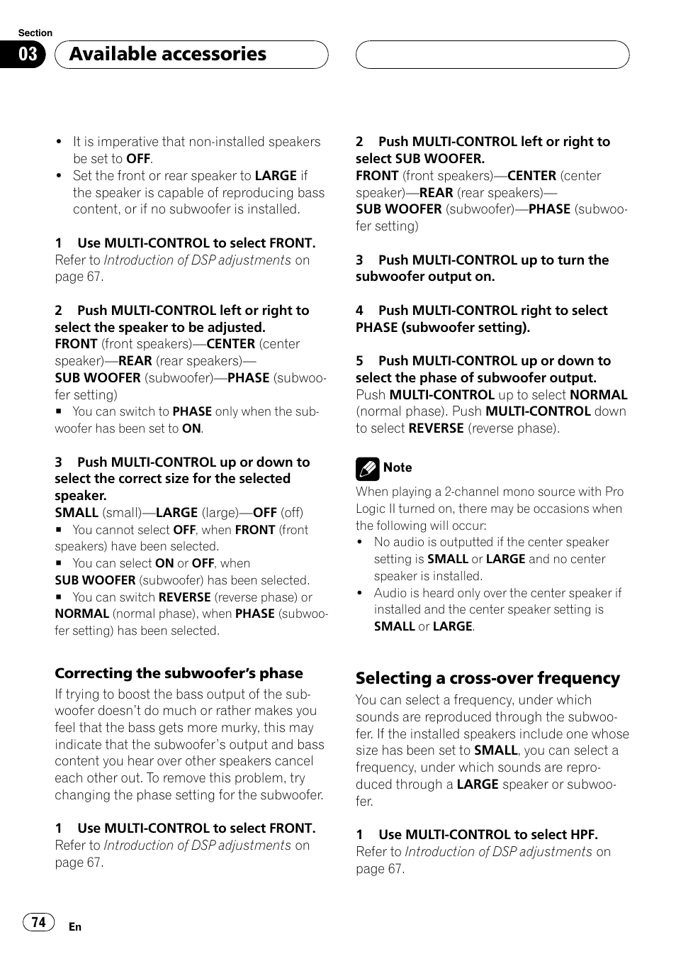 Selecting a cross-over frequency 74, Selecting a cross-over frequency, Available accessories | Pioneer DVH-P5000UB User Manual | Page 74 / 96