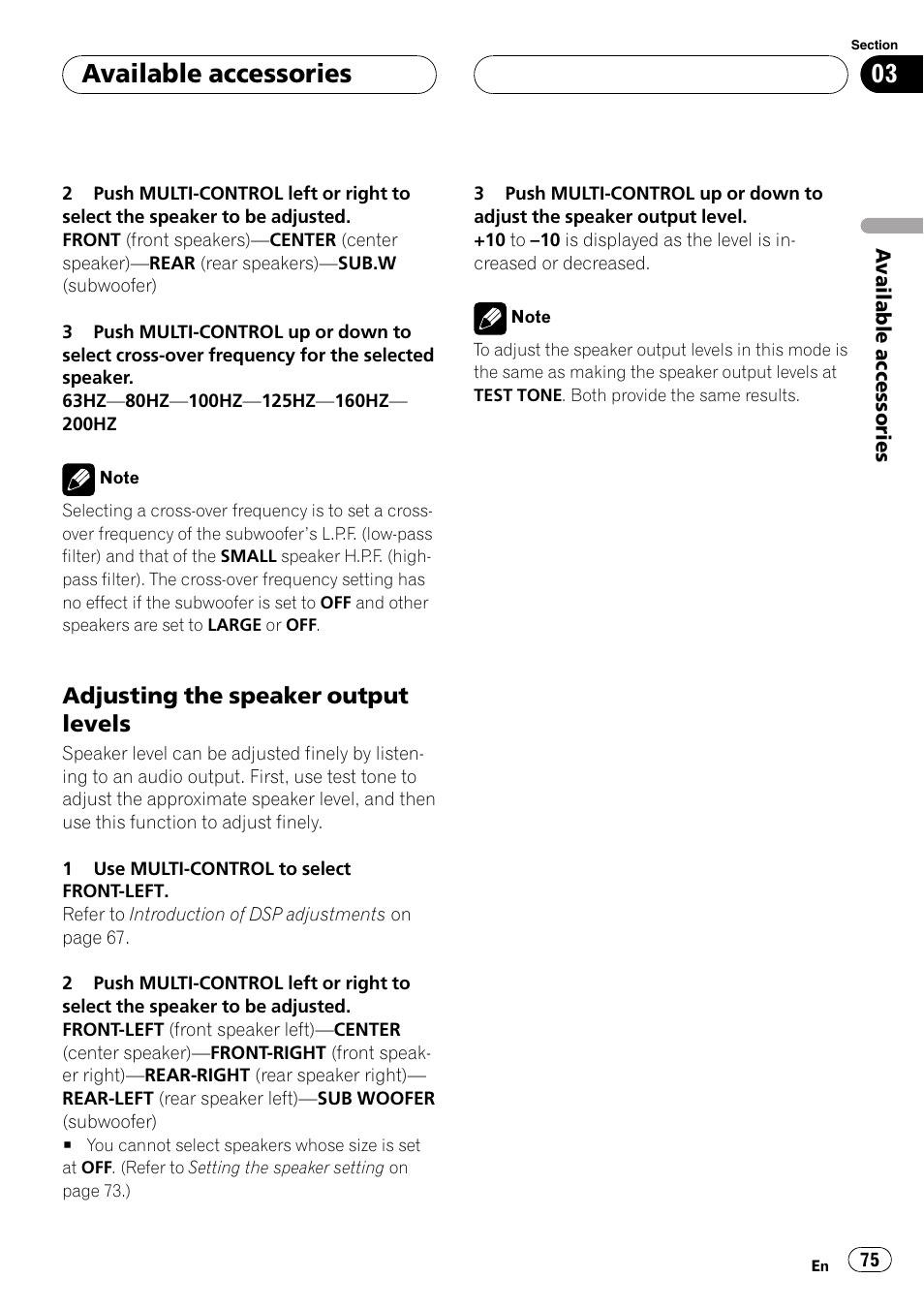 Adjusting the speaker output, Levels, Adjusting the speaker output levels | Adjusting the speaker output le- vels, Available accessories | Pioneer DVH-P5000UB User Manual | Page 75 / 96