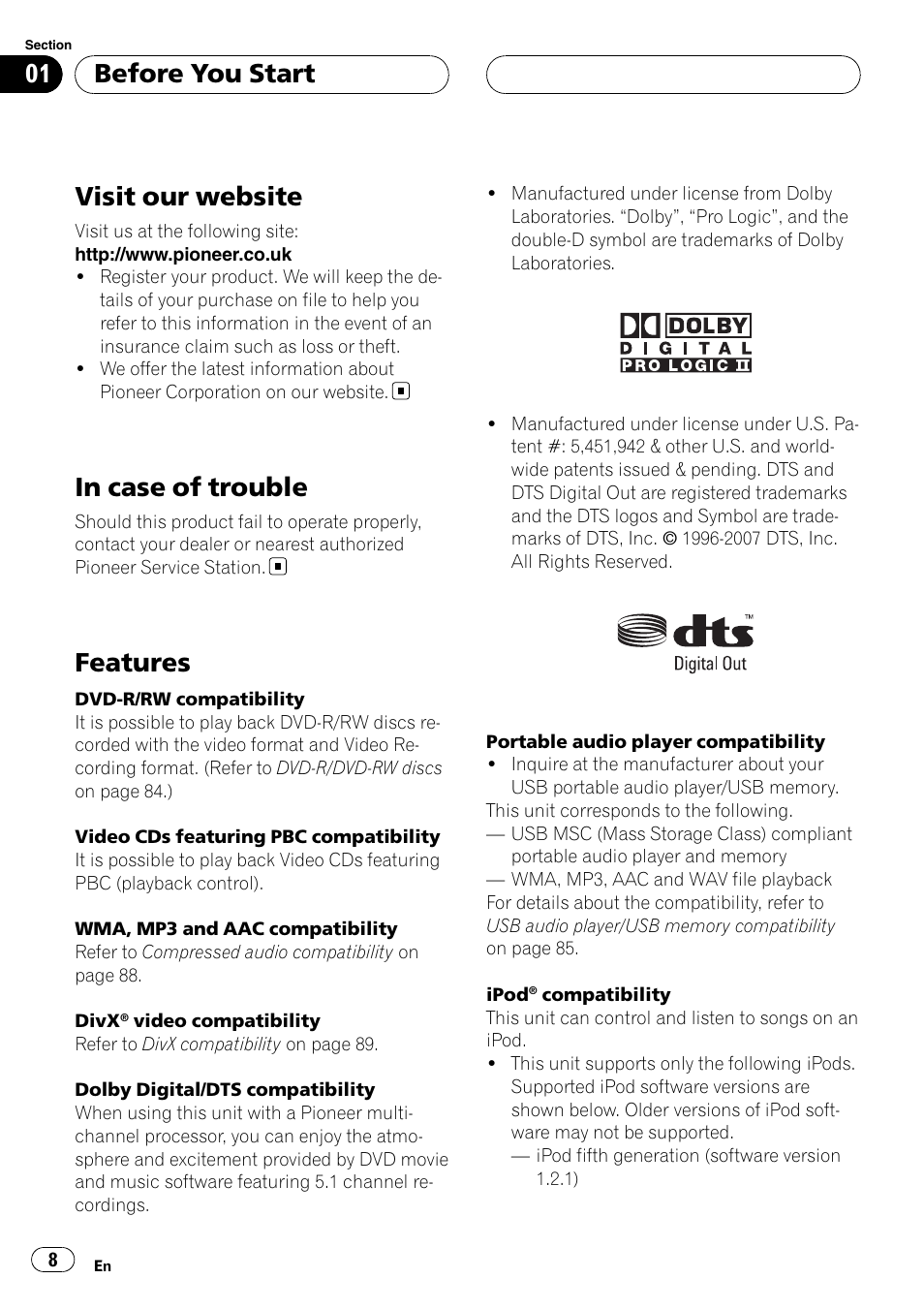 Visit our website, In case of trouble, Features | Before you start | Pioneer DVH-P5000UB User Manual | Page 8 / 96