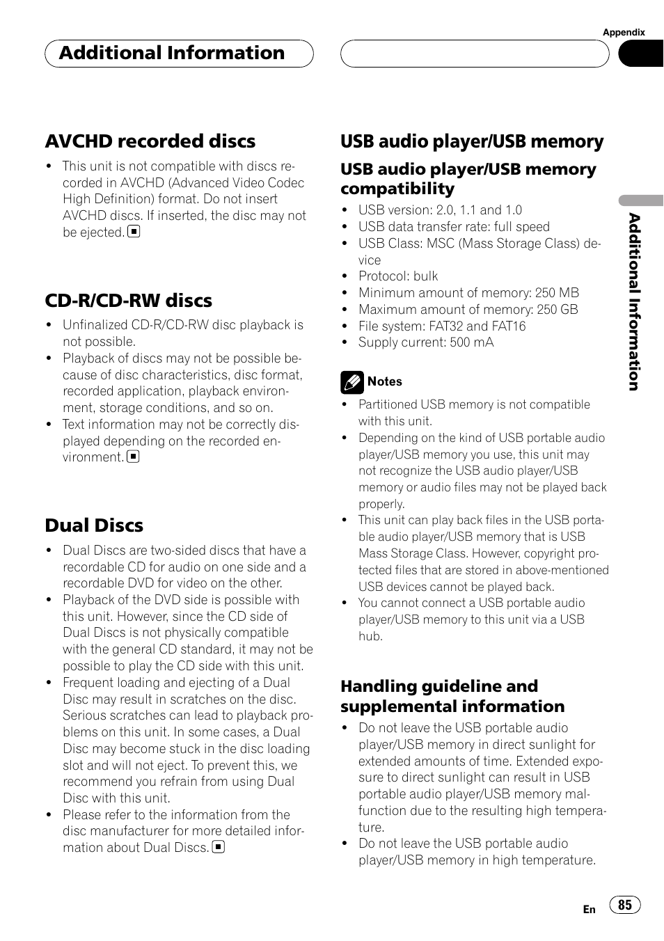 Avchd recorded discs, Cd-r/cd-rw discs, Dual discs | Usb audio player/usb memory, Compatibility, Handling guideline and supplemental, Information, Additional information | Pioneer DVH-P5000UB User Manual | Page 85 / 96