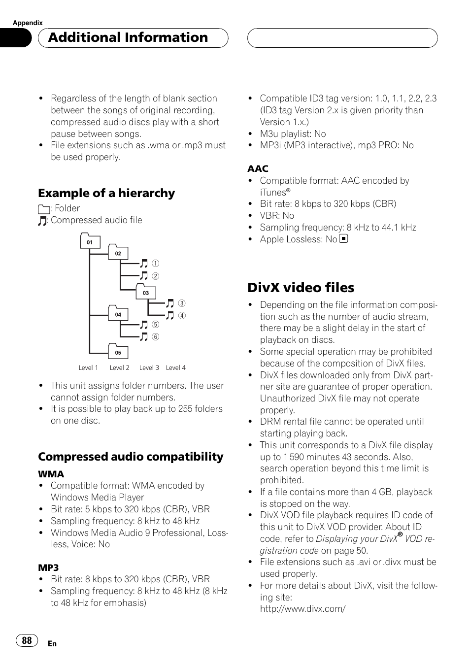 Example of a hierarchy 88, Compressed audio compatibility 88, Divx video files | Additional information, Example of a hierarchy, Compressed audio compatibility | Pioneer DVH-P5000UB User Manual | Page 88 / 96