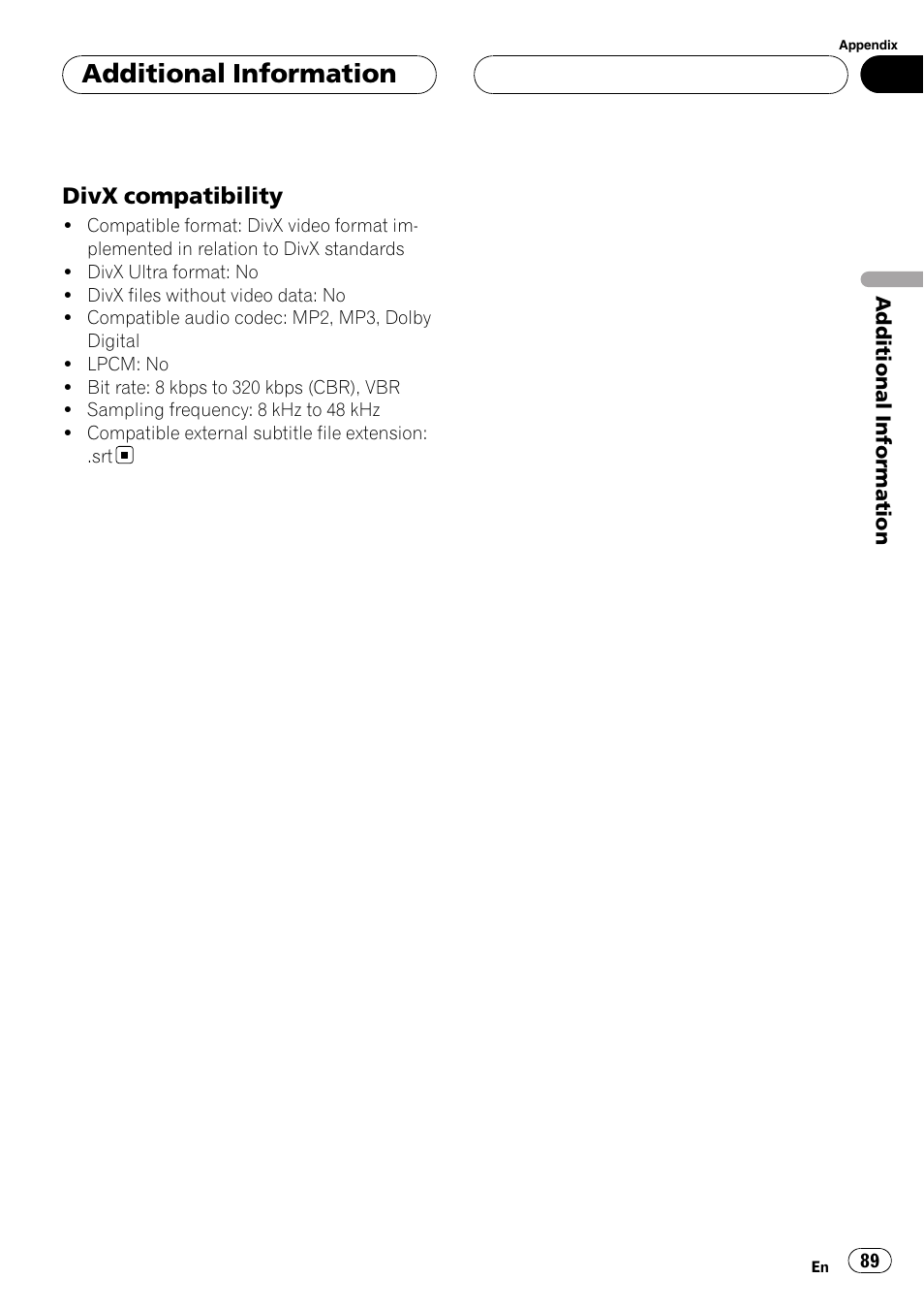 Divx compatibility 89, Additional information, Divx compatibility | Pioneer DVH-P5000UB User Manual | Page 89 / 96