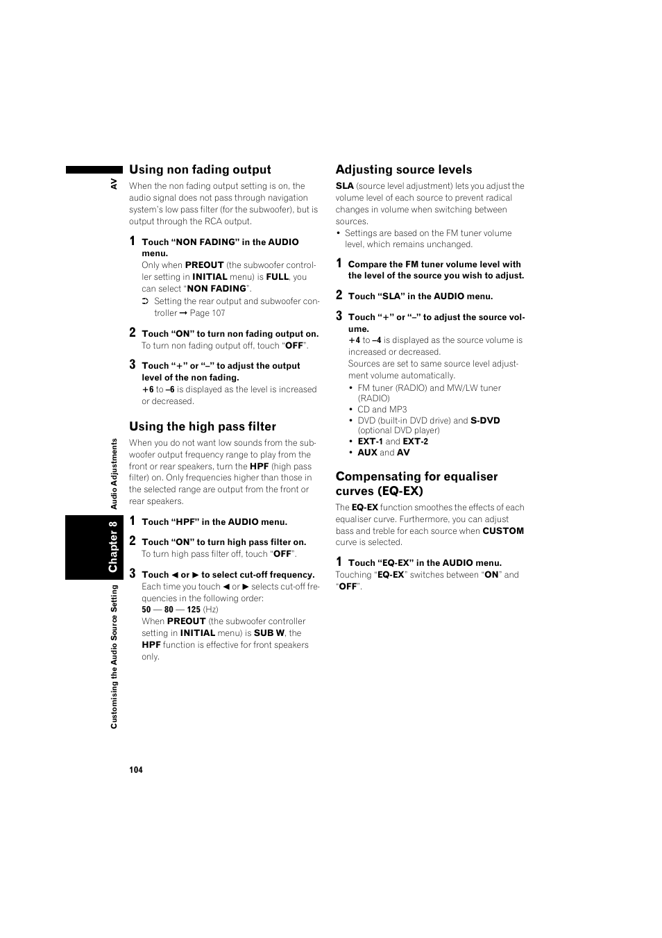 Using non fading output, Using the high pass filter, Adjusting source levels 10 | Compensating for equaliser curves (e | Pioneer AVIC-X1BT User Manual | Page 106 / 155