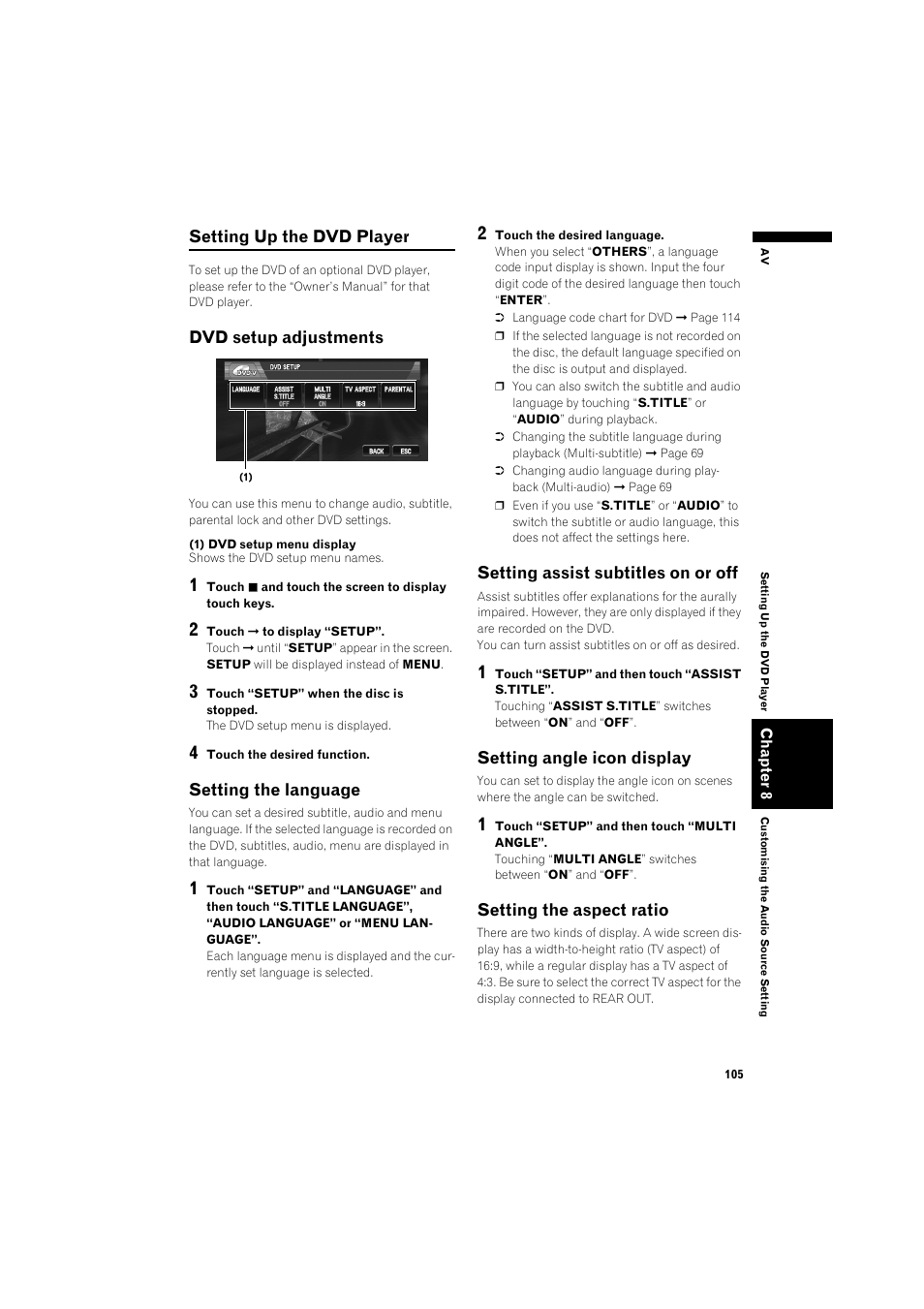 Setting up the dvd player 10, Dvd setup adjustments 10, Setting the language | Setting assist subtitles on or off, Setting angle icon display 10, Setting the aspect ratio 10, Setting up the dvd player, Dvd setup adjustments, Setting angle icon display, Setting the aspect ratio | Pioneer AVIC-X1BT User Manual | Page 107 / 155