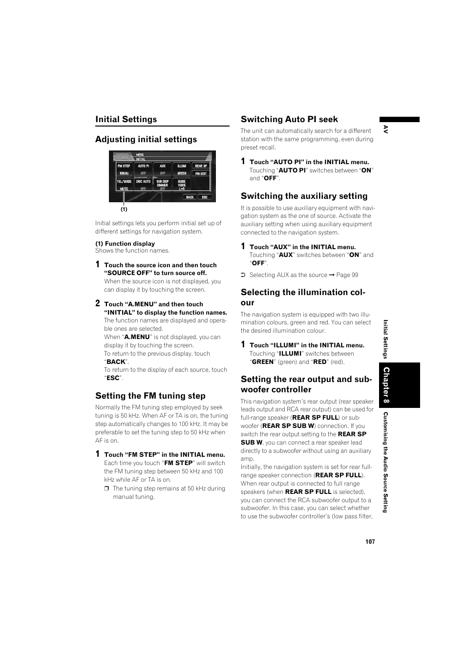 Initial settings, Adjusting initial settings 10, Setting the fm tuning step 10 | Switching auto pi seek, Switching the auxiliary setting 10, Selecting the illumination colour, Setting the rear output and subwoofer, Controller | Pioneer AVIC-X1BT User Manual | Page 109 / 155